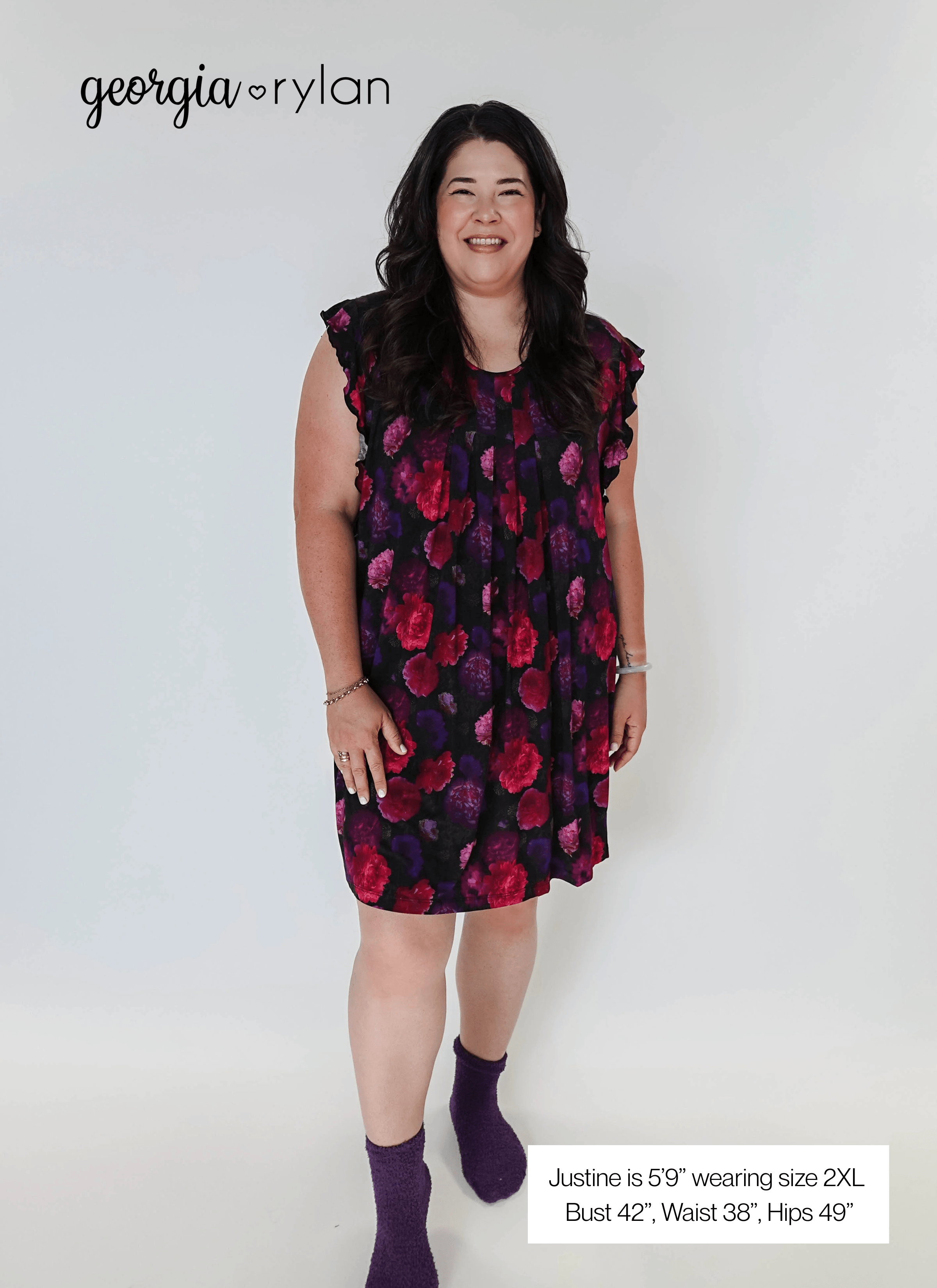 Winter Blossom Flutter Bamboo Nightgown - plus size model shows the dress in size 2XL, and picture lists her measurments