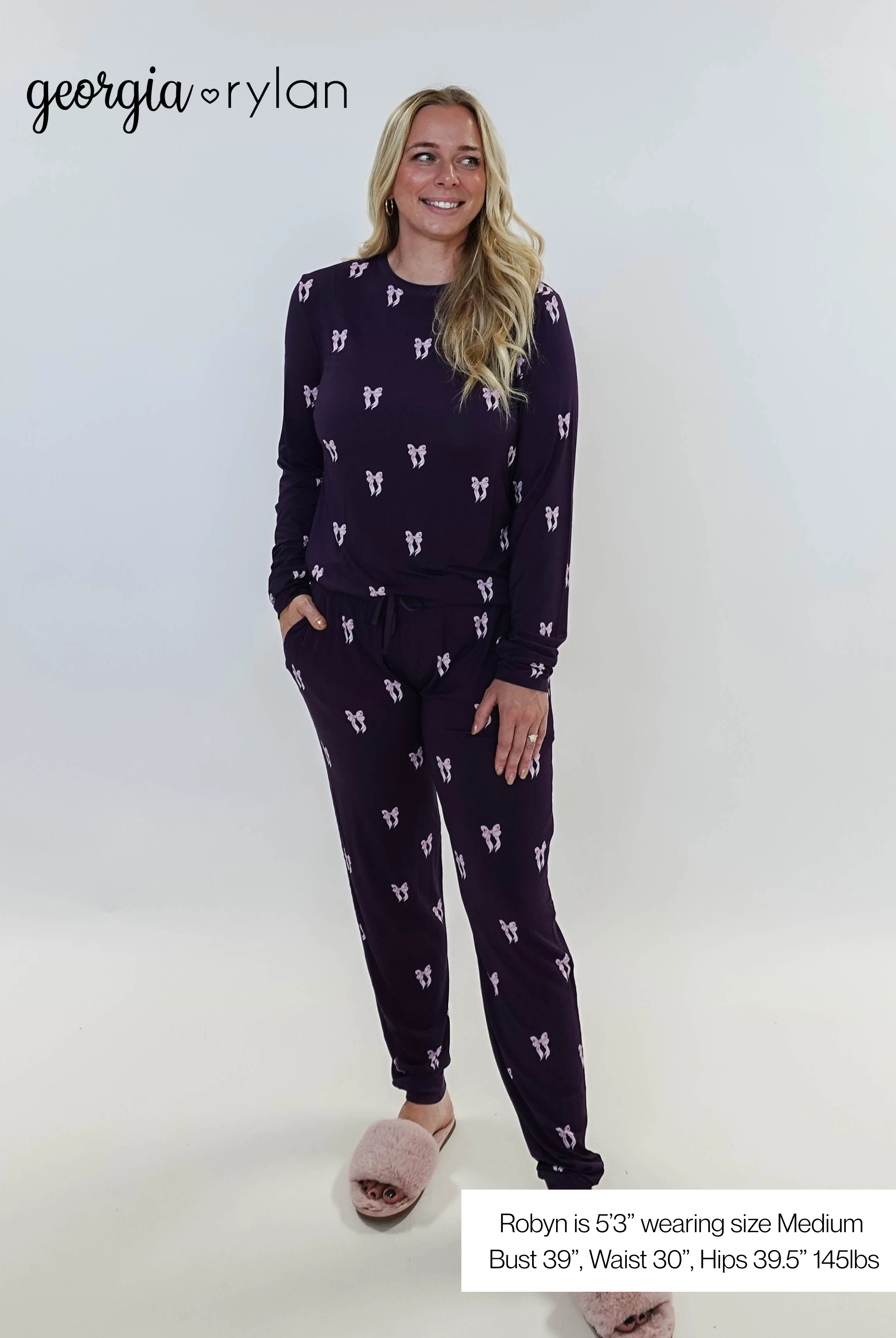 Purple Bows Print Long Sleeve & Jogger Bamboo PJ Set showing model sizing