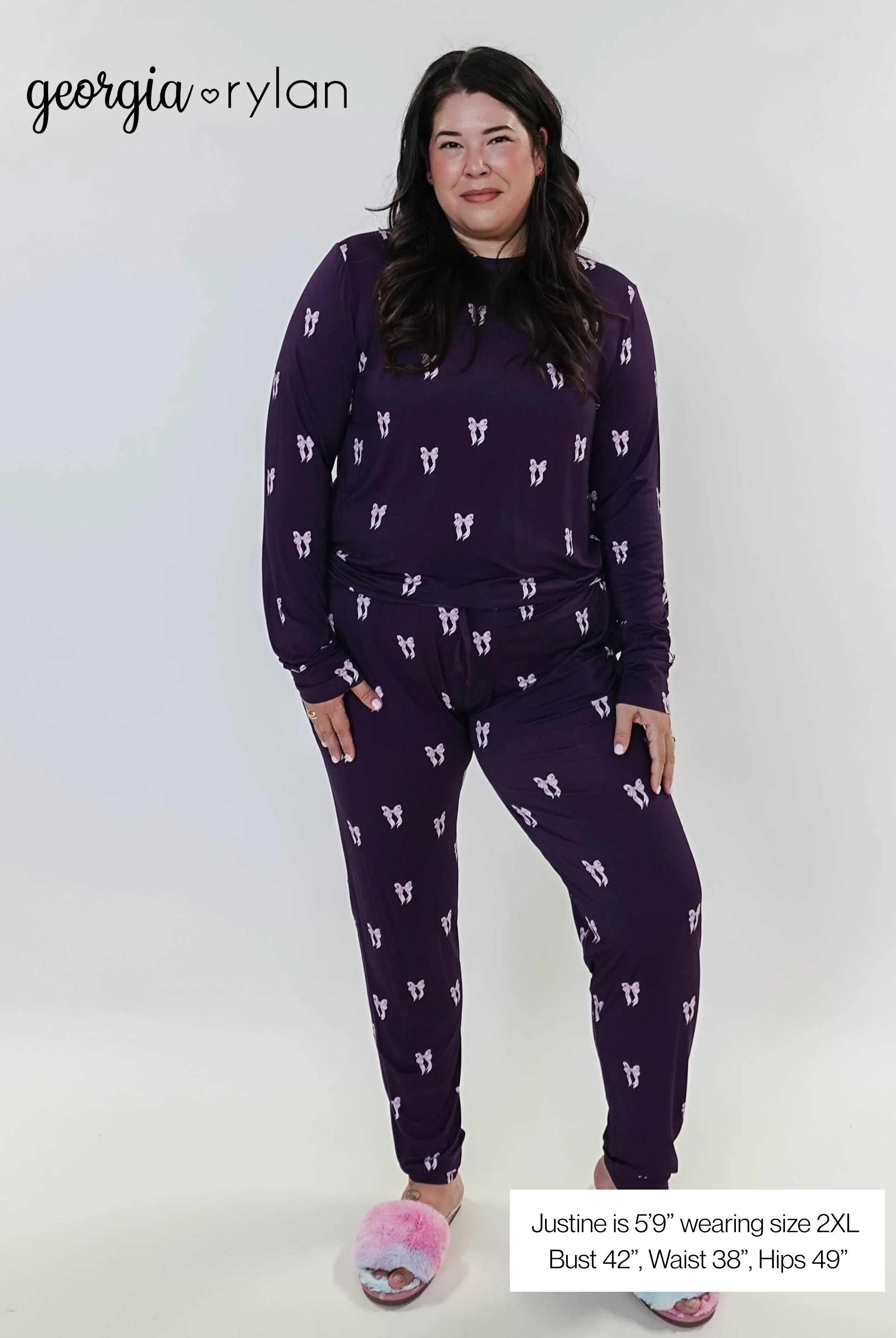 Purple Bows Print Long Sleeve & Jogger Bamboo PJ Set showing model sizing