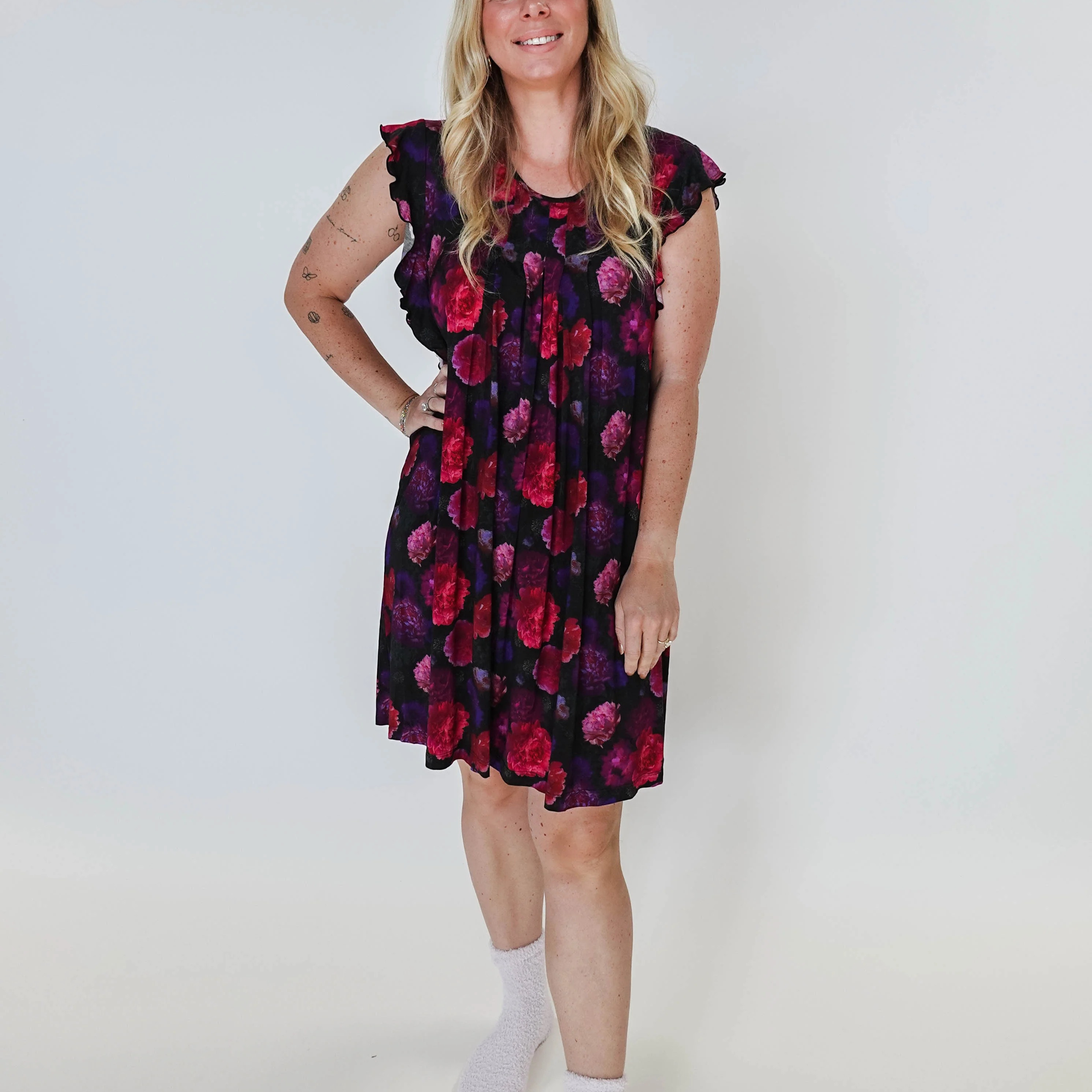 Winter Blossom Flutter Bamboo Nightgown by Georgia Rylan - model robyn shows the delicate details and the picture explains her sizing and measurments