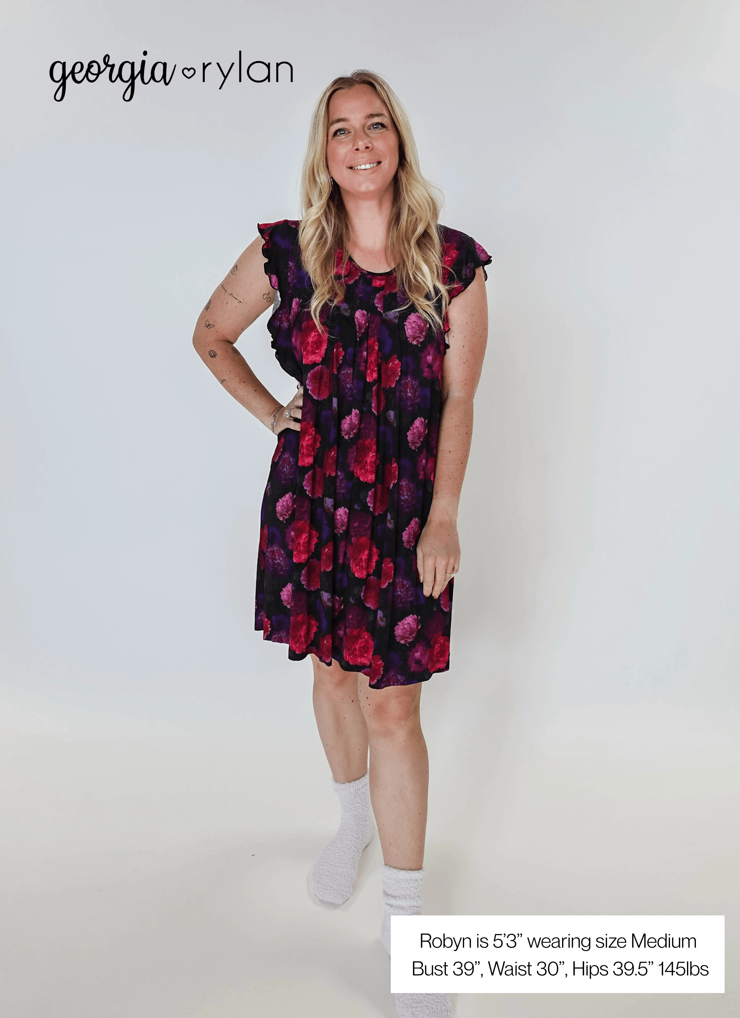 Winter Blossom Flutter Bamboo Nightgown by Georgia Rylan - model robyn shows the delicate details and the picture explains her sizing and measurments