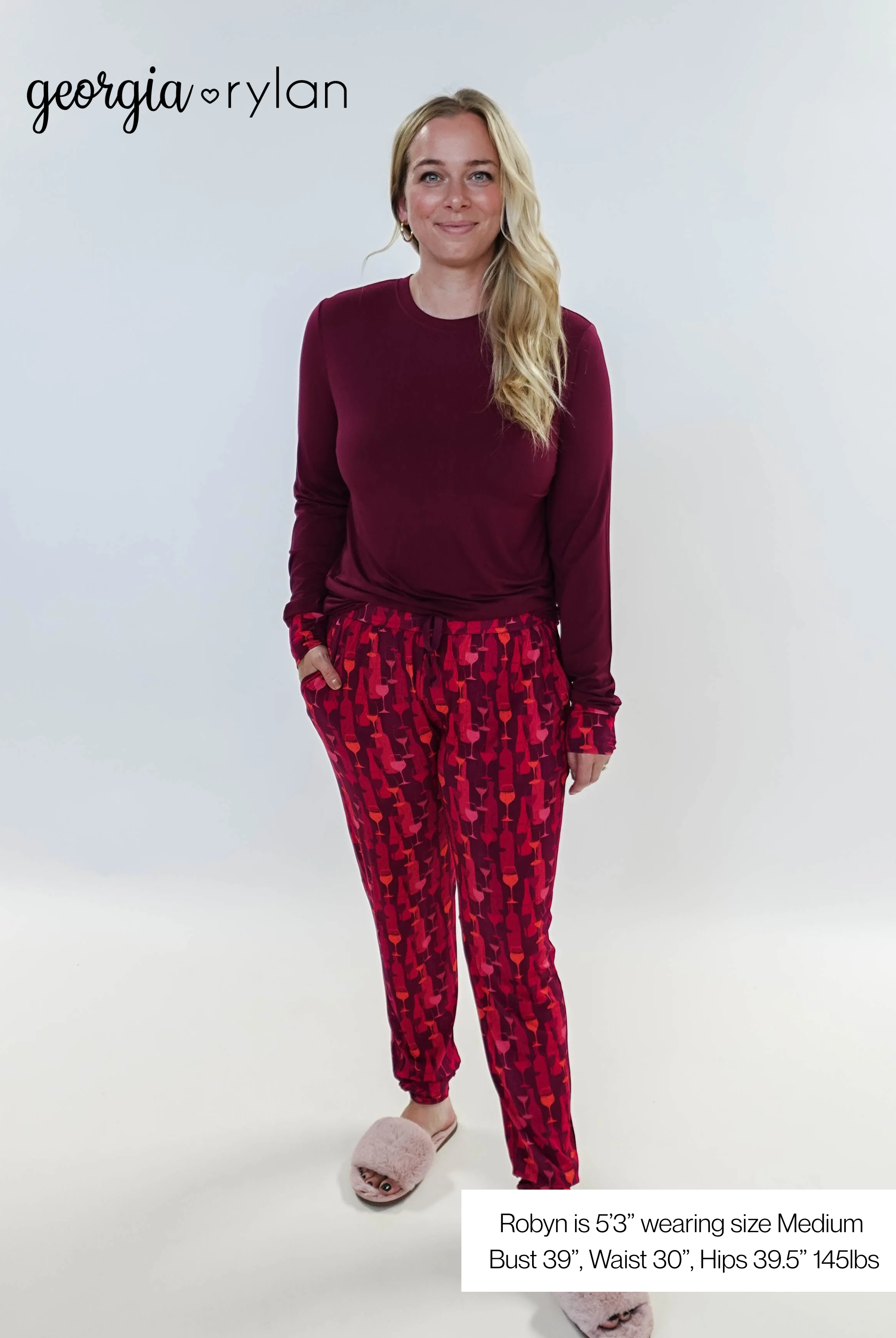 Vino Dreams PJ Long Sleeve Jogger Bamboo Set | GEORGIA RYLAN - model sizing for Robyn, size Medium