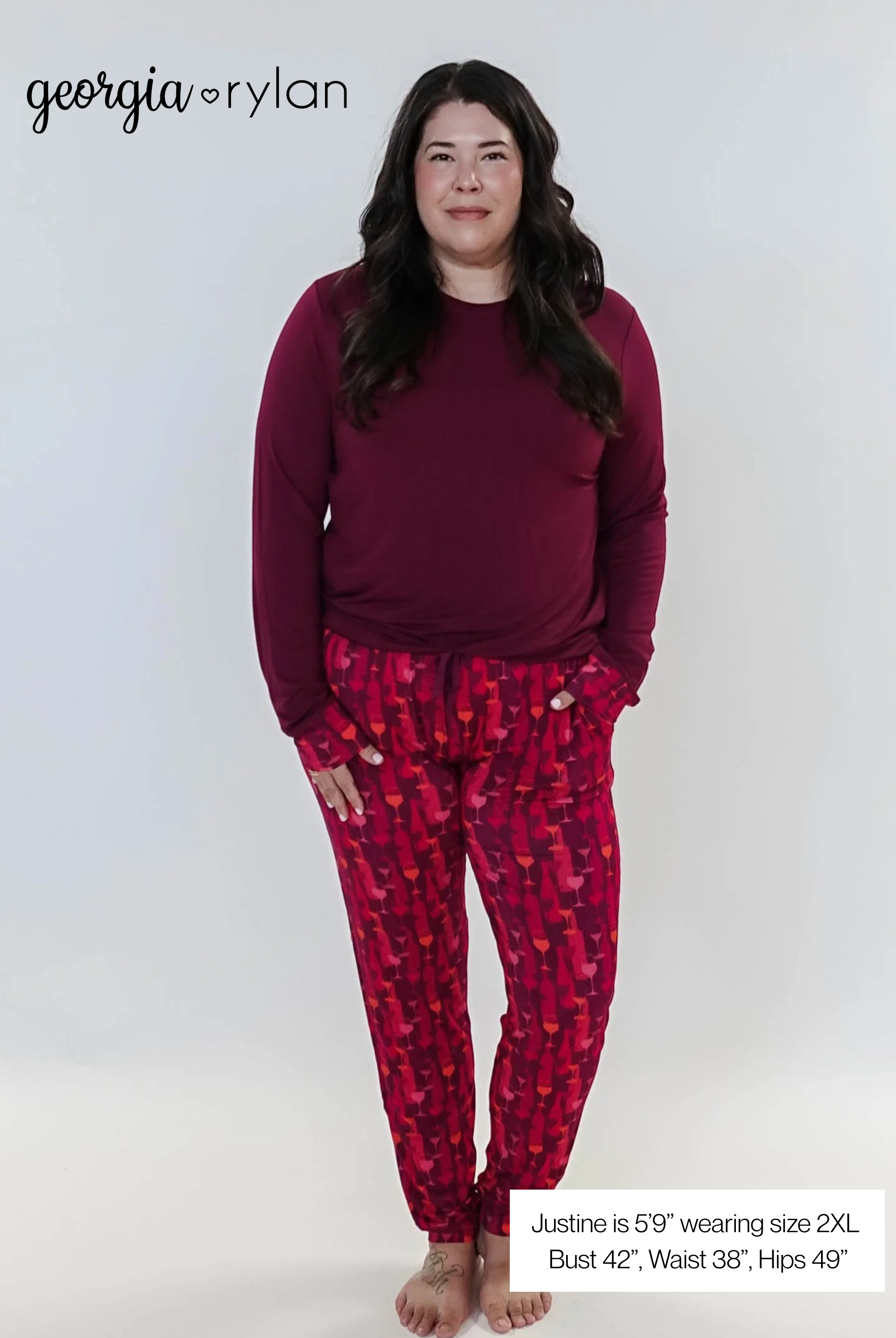 Vino Dreams PJ Long Sleeve Jogger Bamboo Set | GEORGIA RYLAN model sizing, showing measurements for plus size women