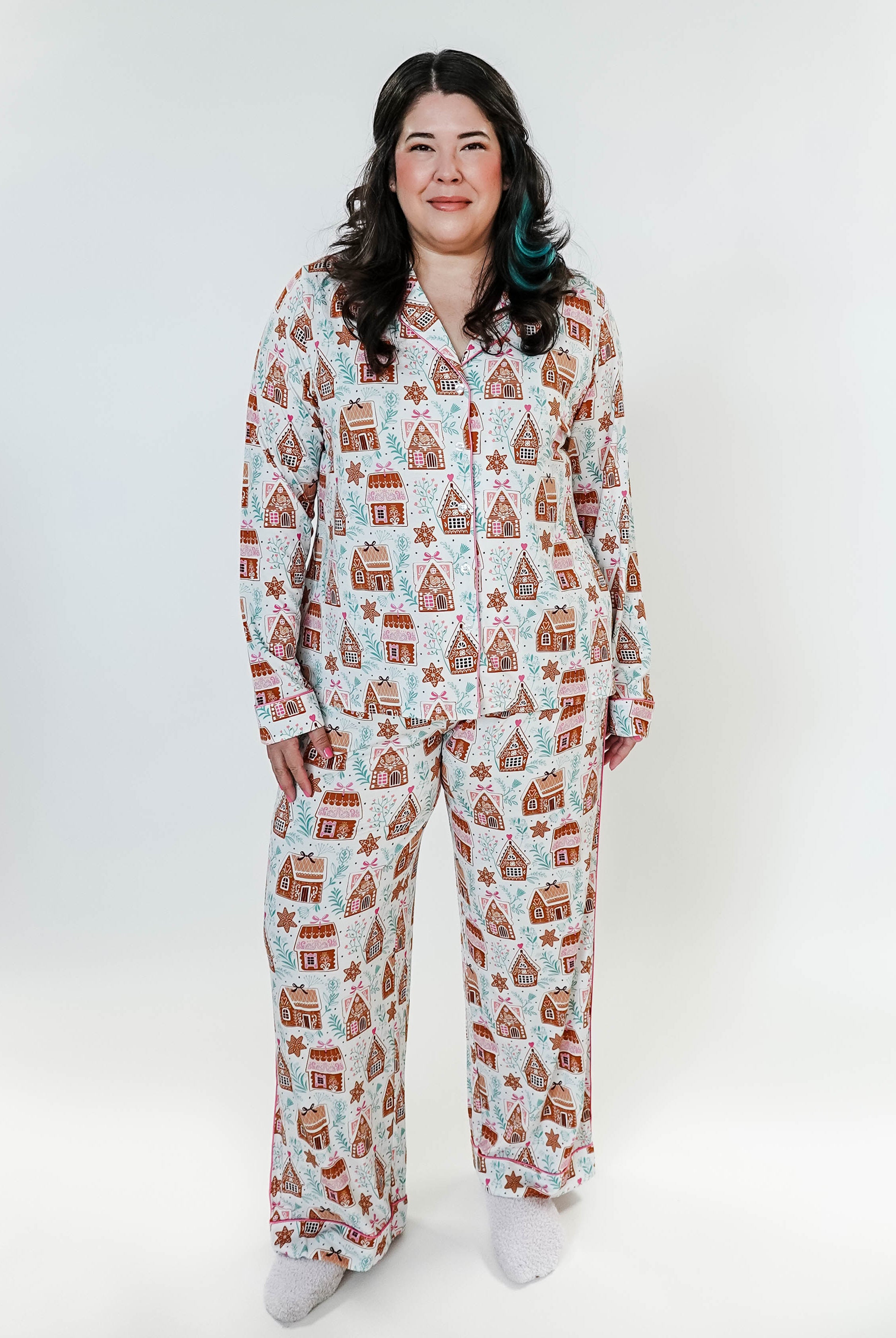 women's bamboo button up pj set in gingerbread house print georgia rylan