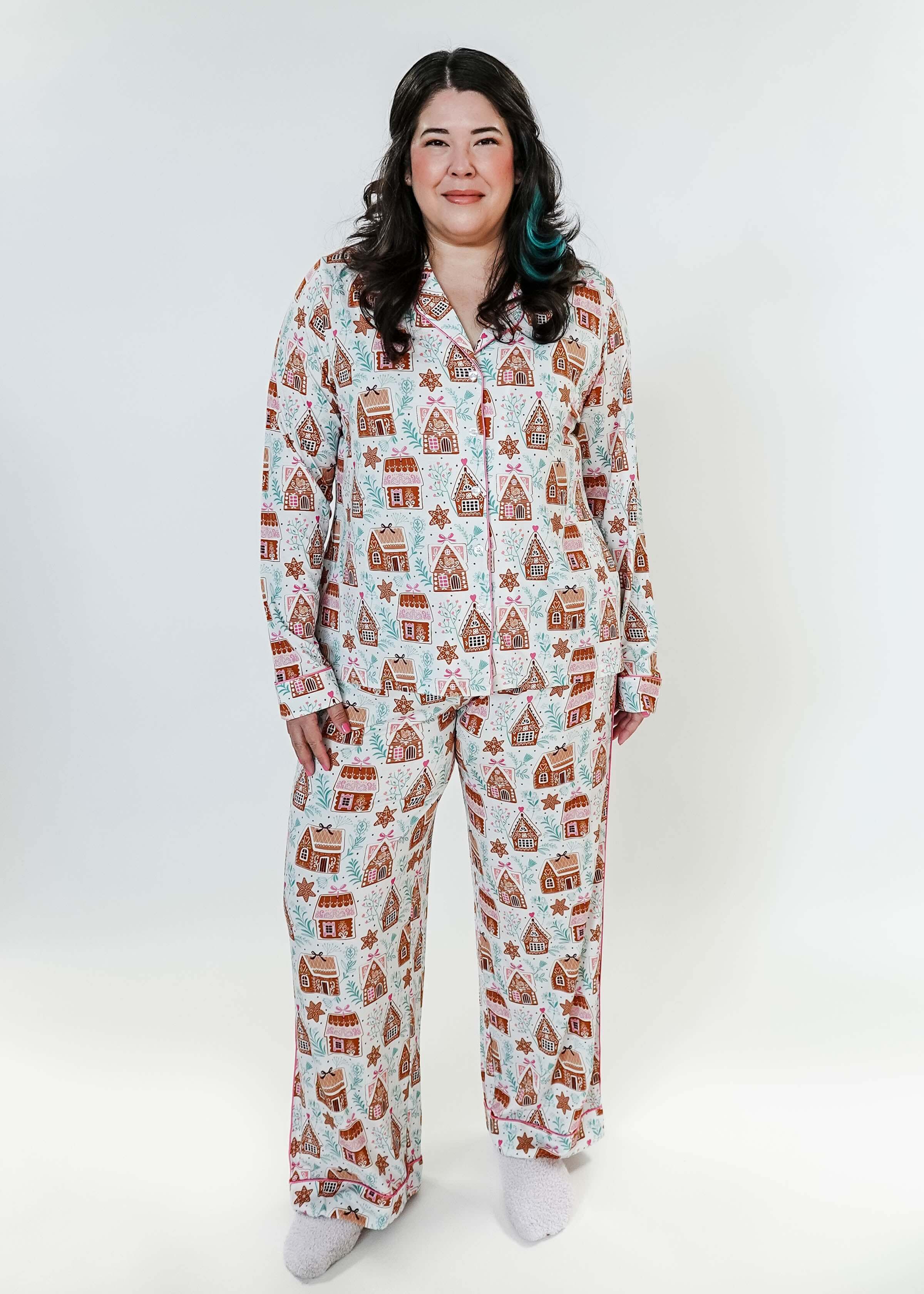 women's bamboo button up pj set in gingerbread house print georgia rylan