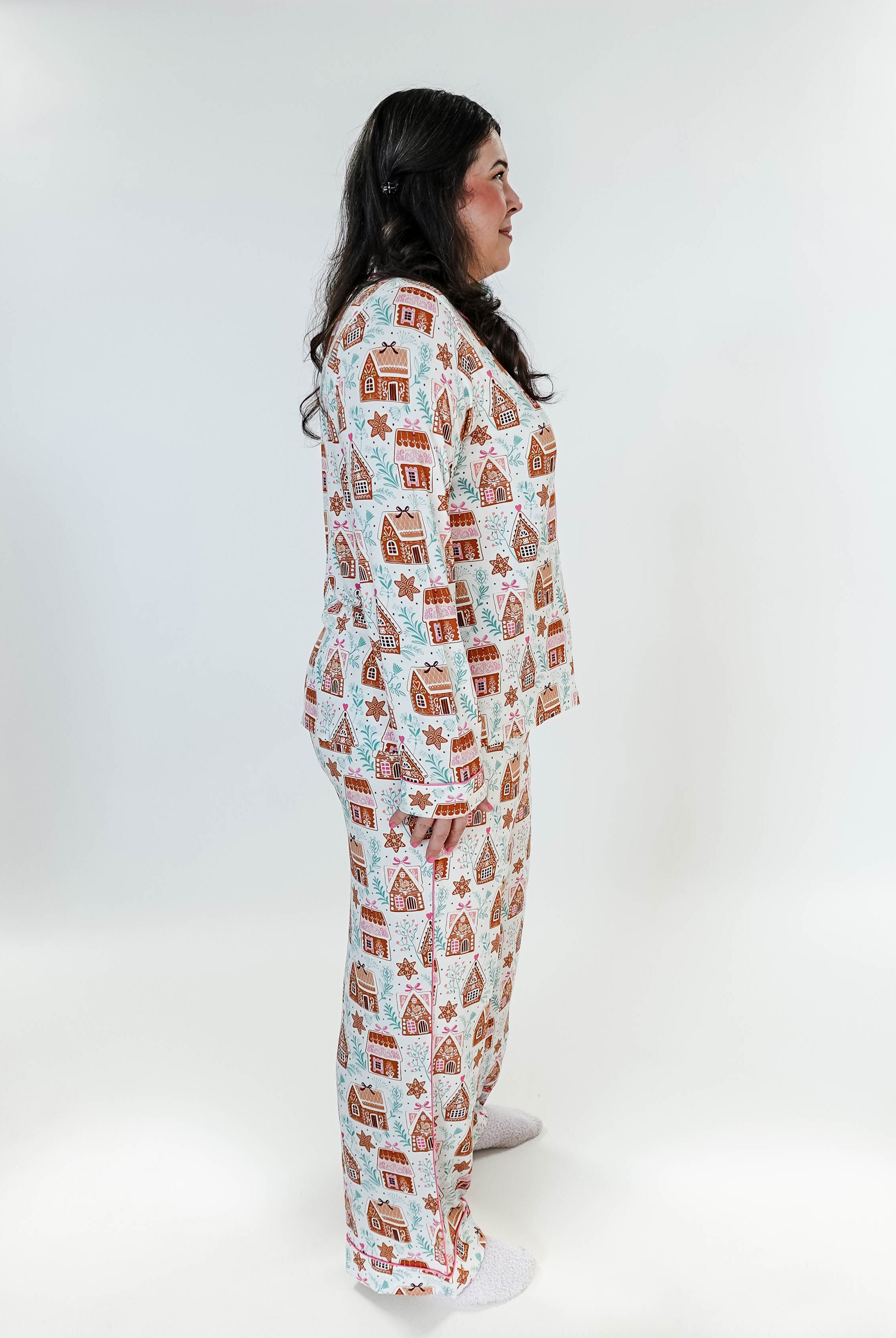 women's bamboo button up pj set in gingerbread house print georgia rylan