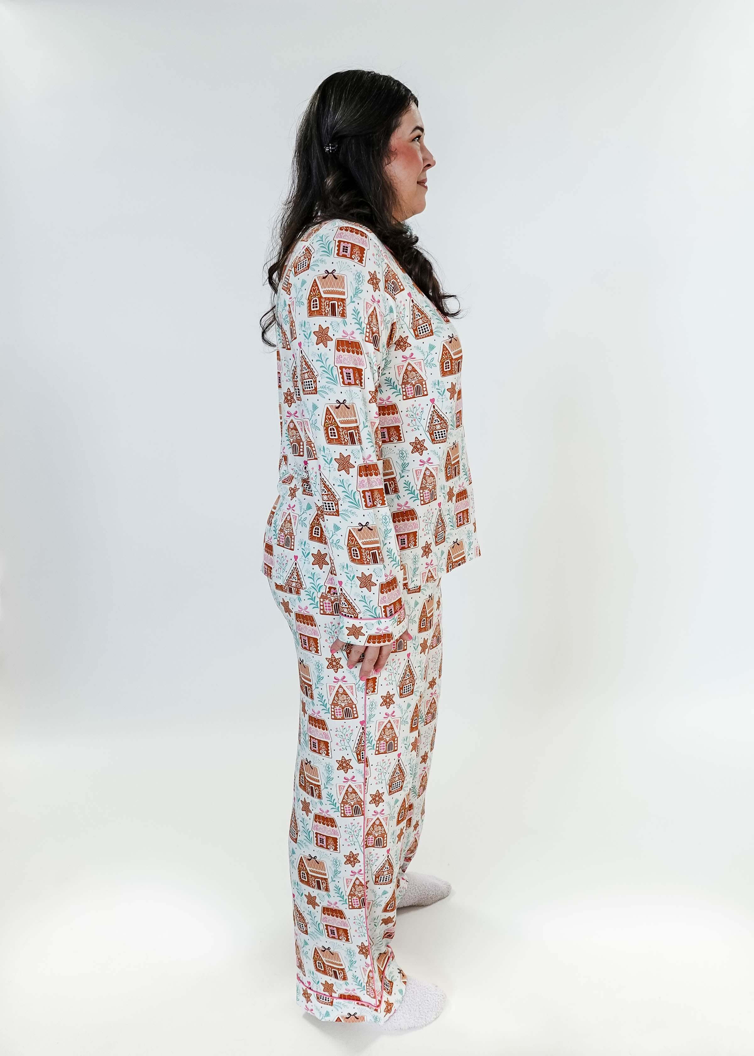 women's bamboo button up pj set in gingerbread house print georgia rylan