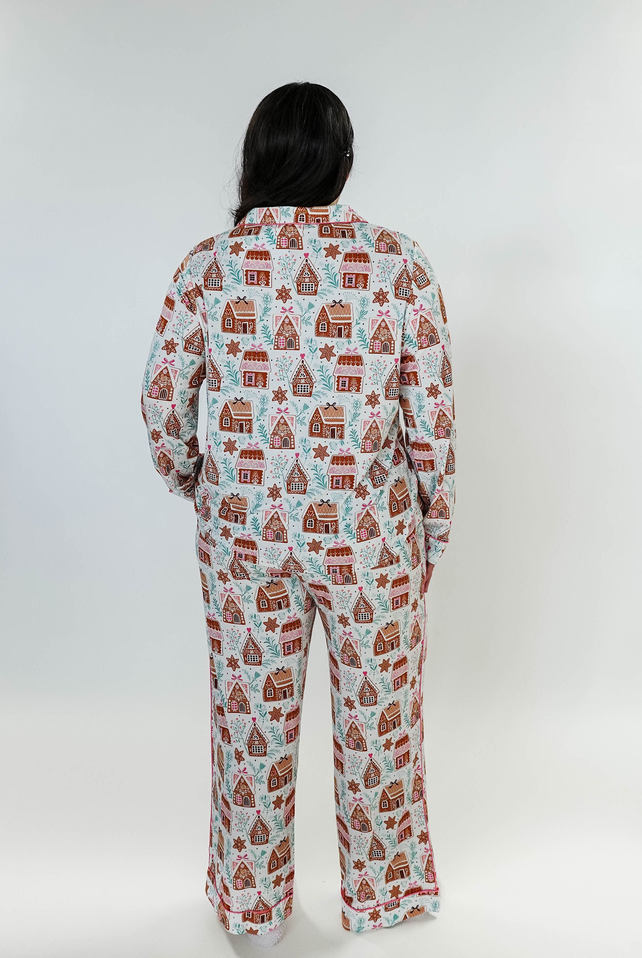 women's bamboo button up pj set in gingerbread house print georgia rylan