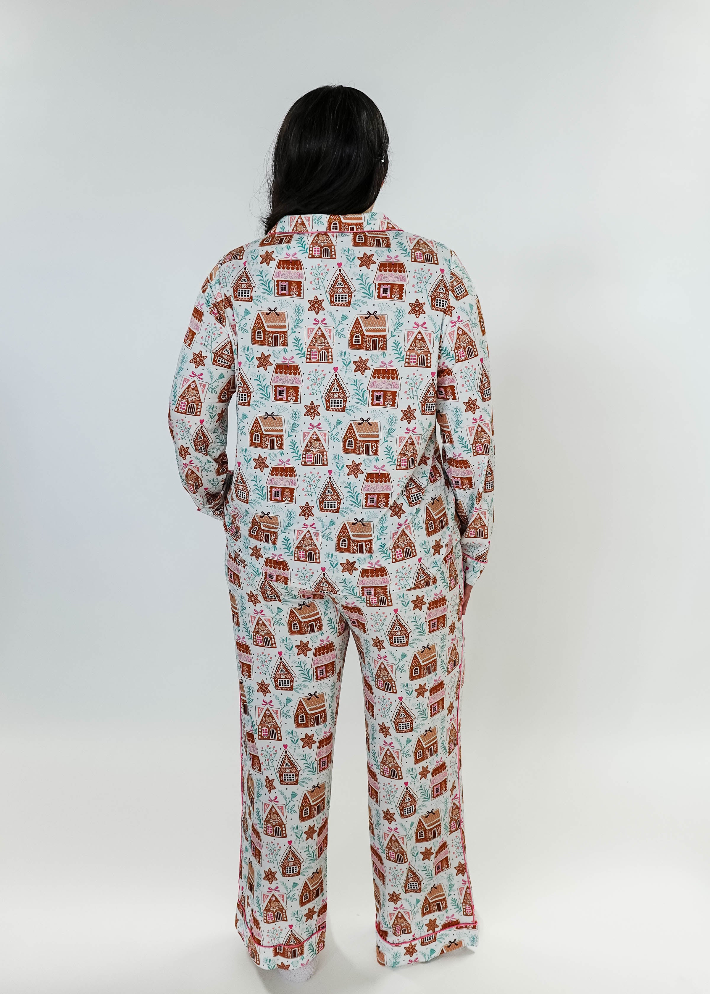 women's bamboo button up pj set in gingerbread house print georgia rylan