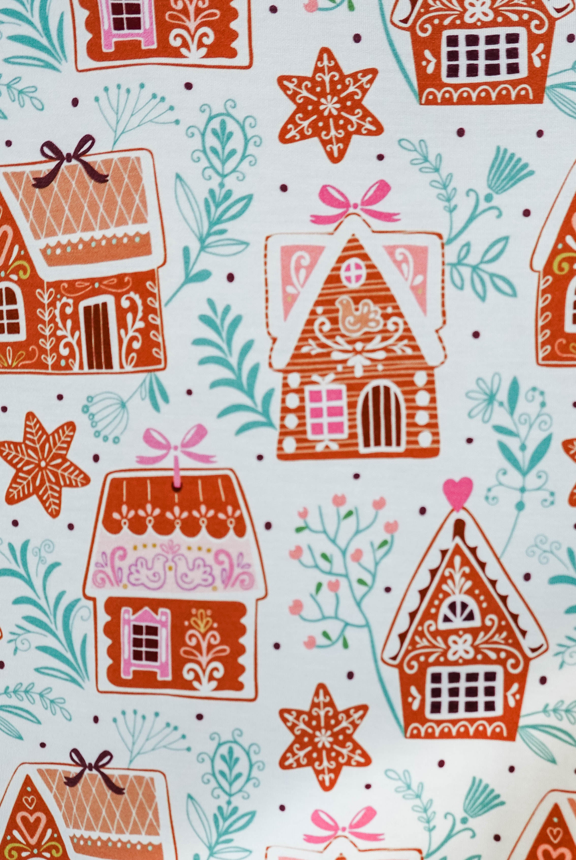 showcasing the print up close - Gingerbread Dreams Long Sleeve Button Up PJ Set