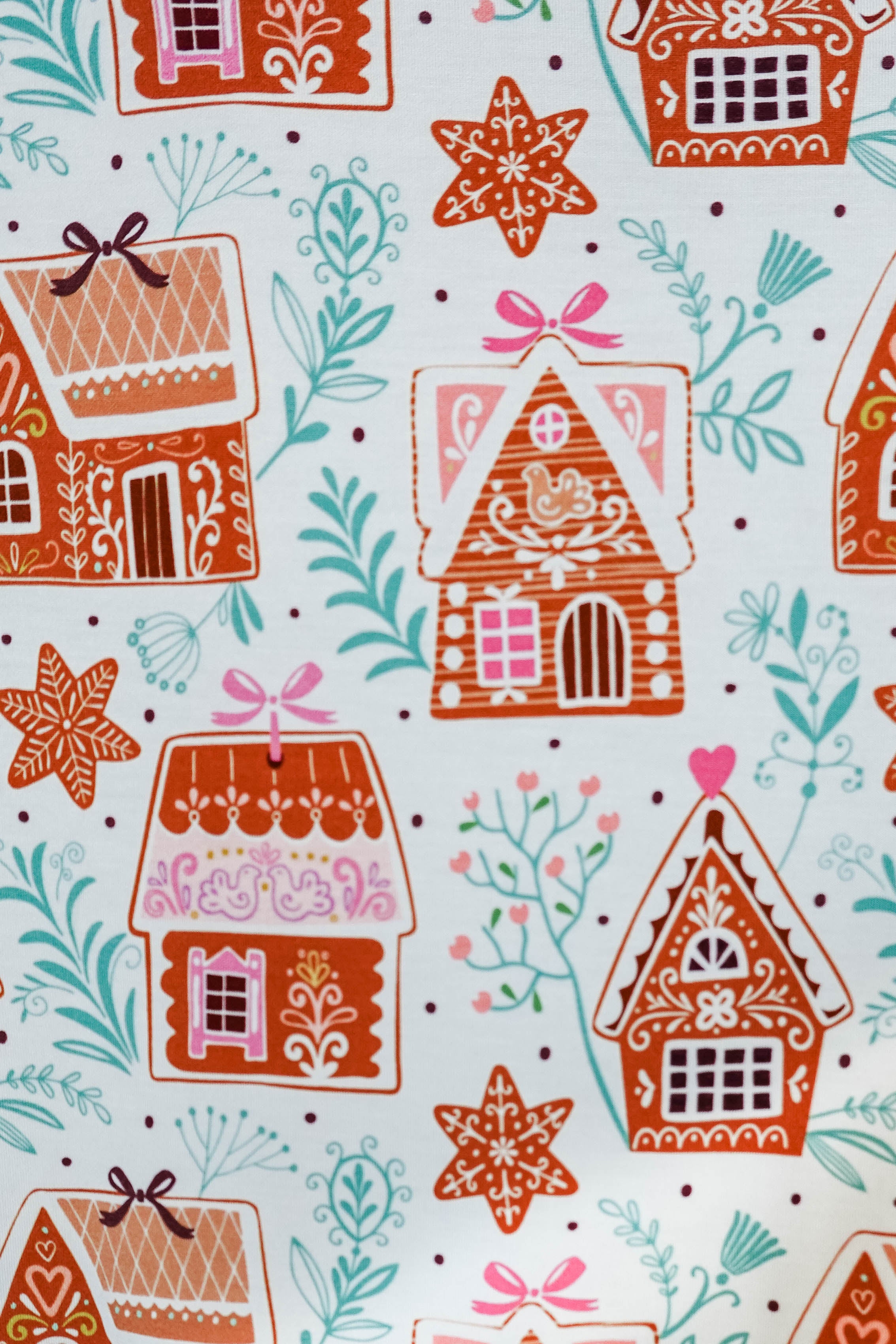 showcasing the print up close - Gingerbread Dreams Long Sleeve Button Up PJ Set