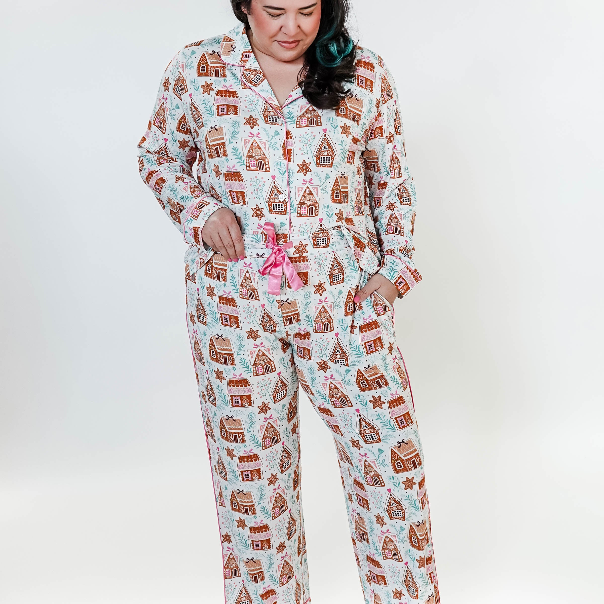women's Gingerbread Dreams Long Sleeve Button Up PJ Set georgia rylan