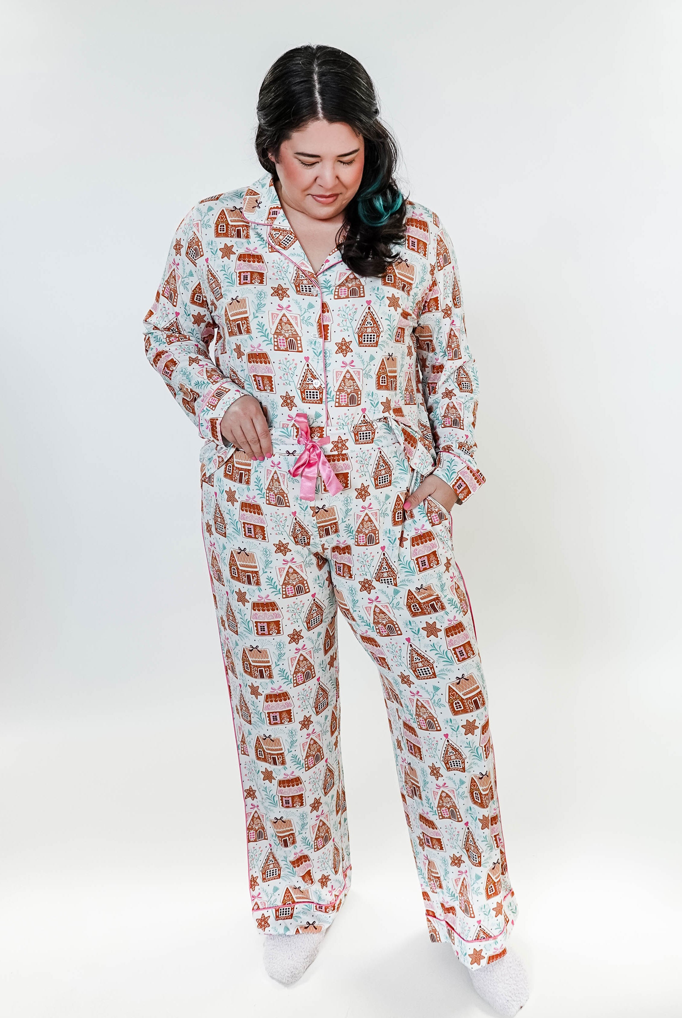 women's Gingerbread Dreams Long Sleeve Button Up PJ Set georgia rylan