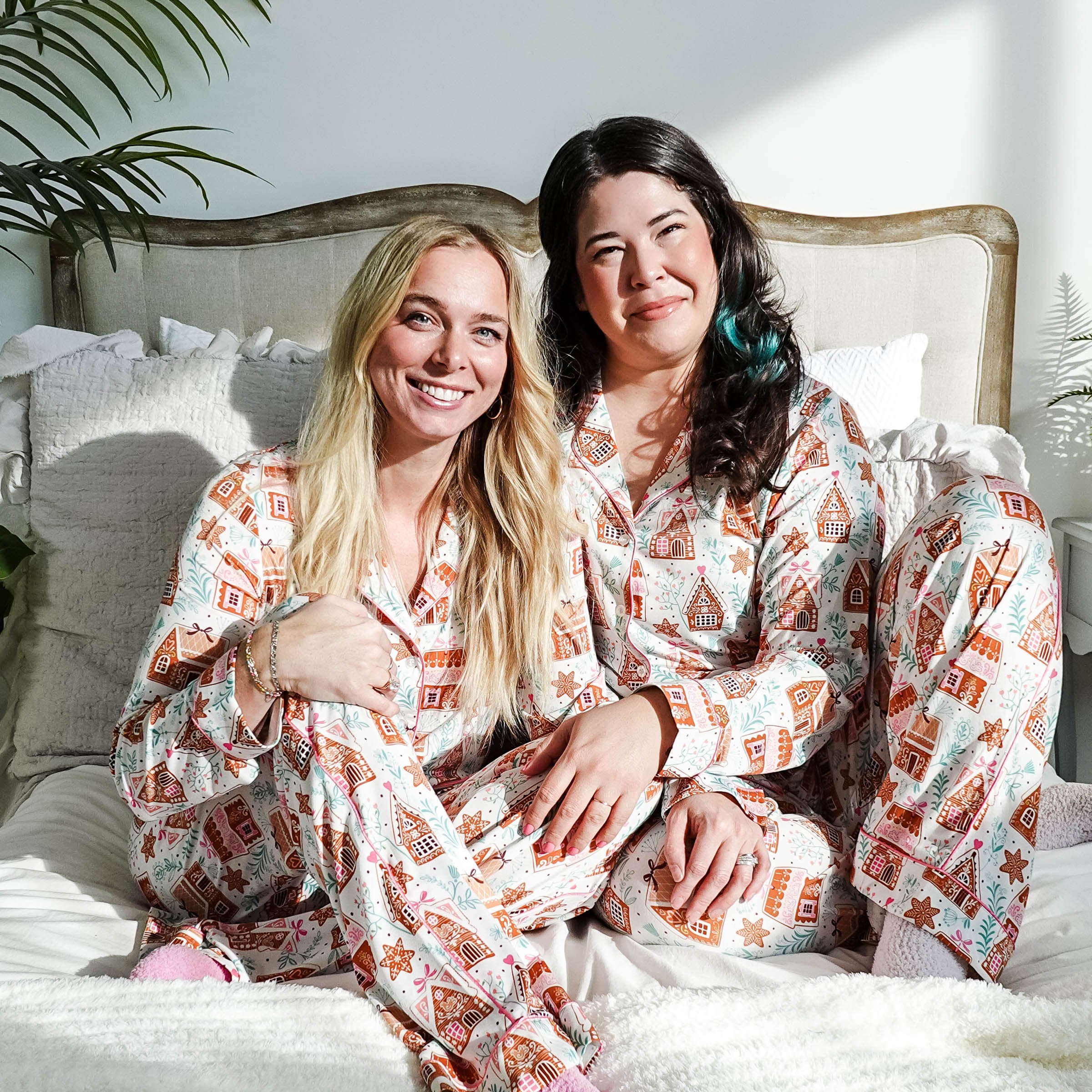 women's bamboo button up pj set in gingerbread house print georgia rylan