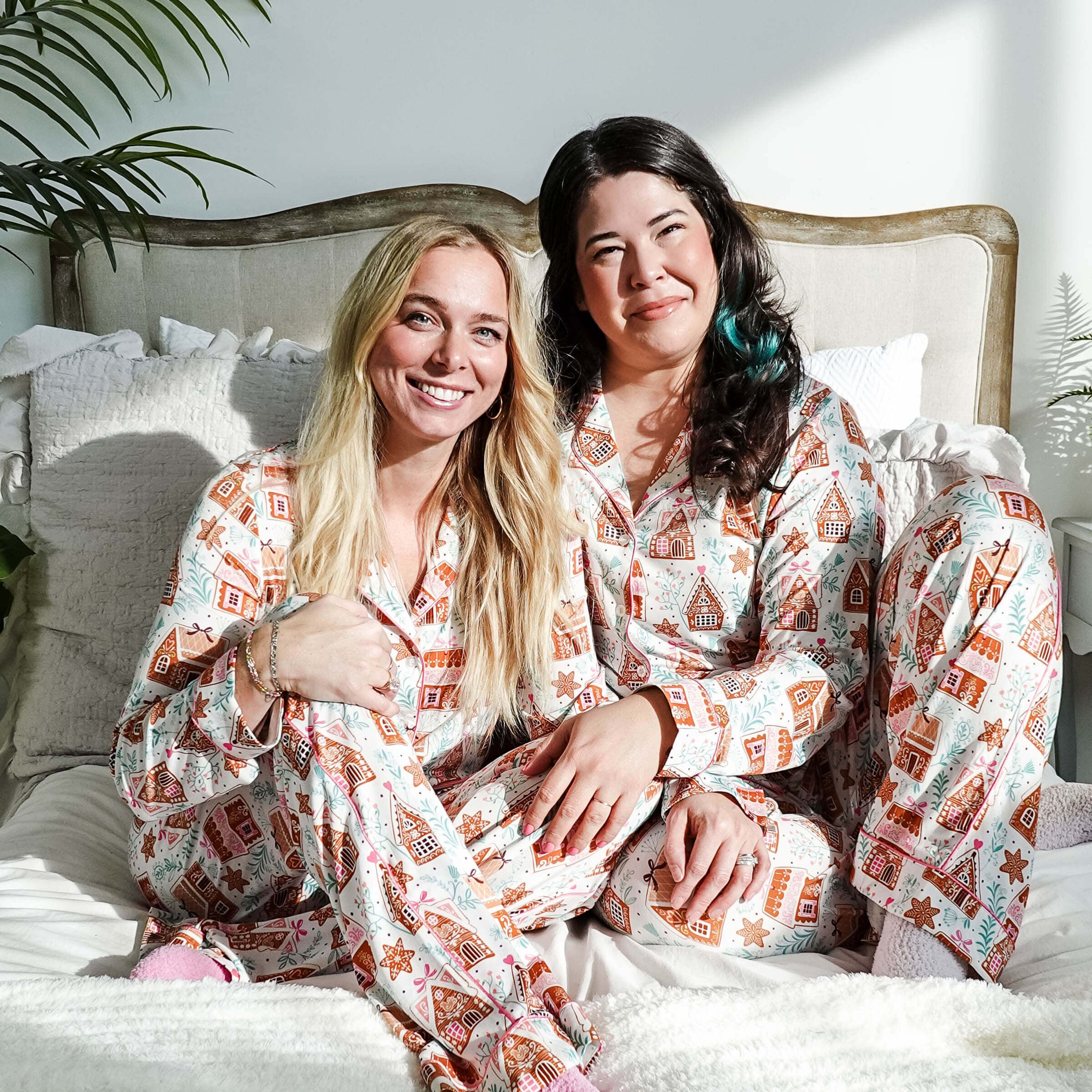 women's bamboo button up pj set in gingerbread house print georgia rylan