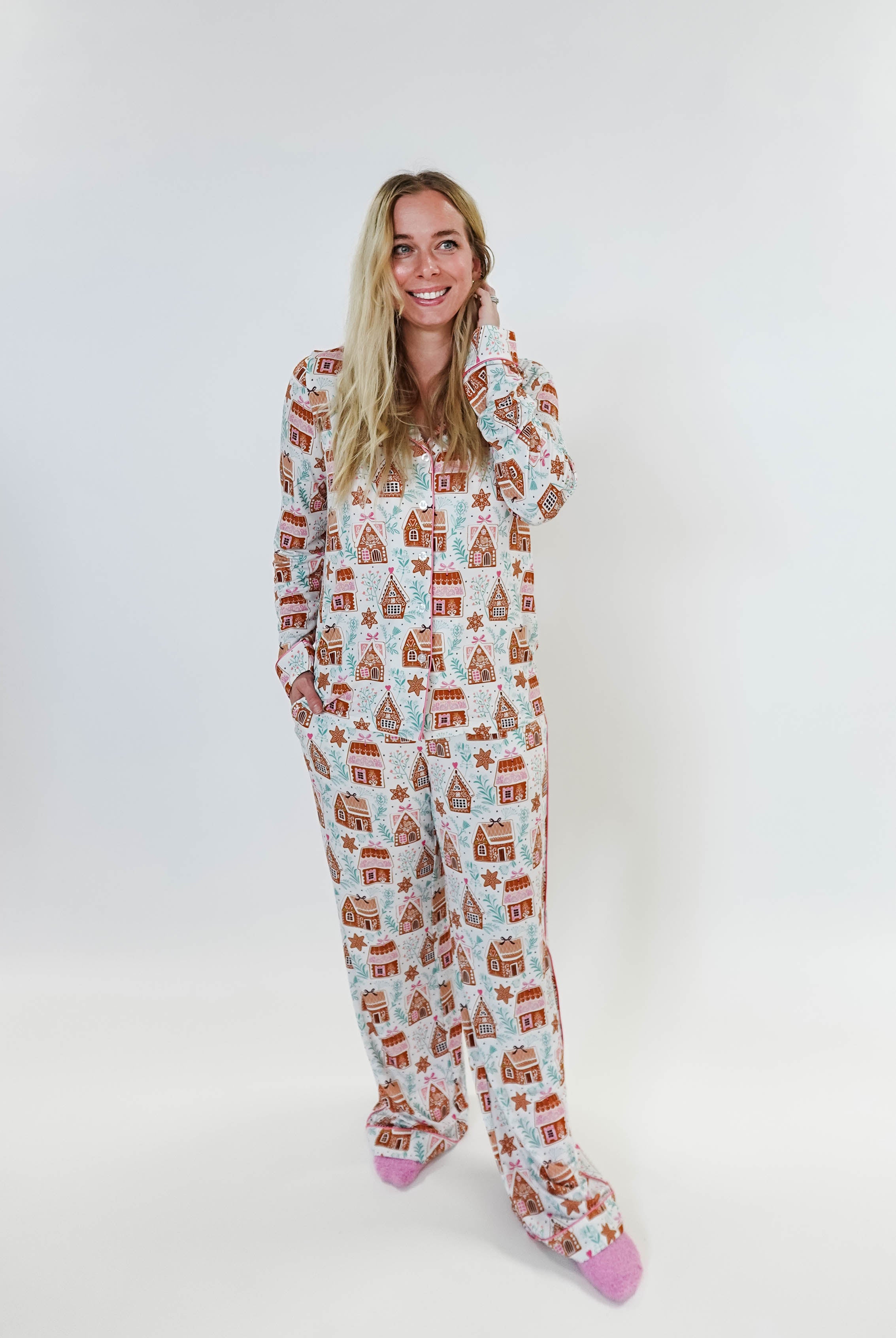 women's bamboo button up pj set in gingerbread house print georgia rylan