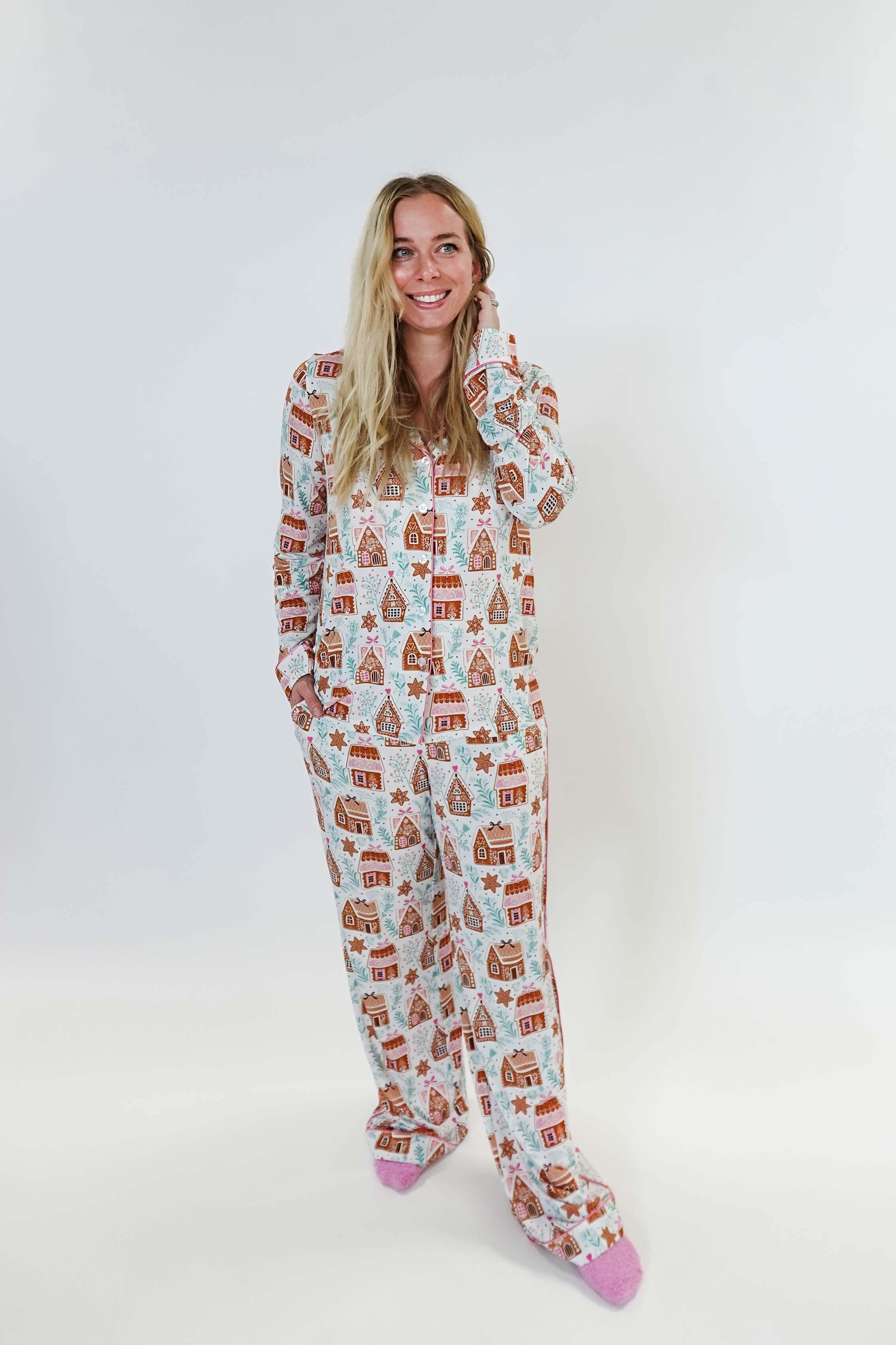 women's bamboo button up pj set in gingerbread house print georgia rylan