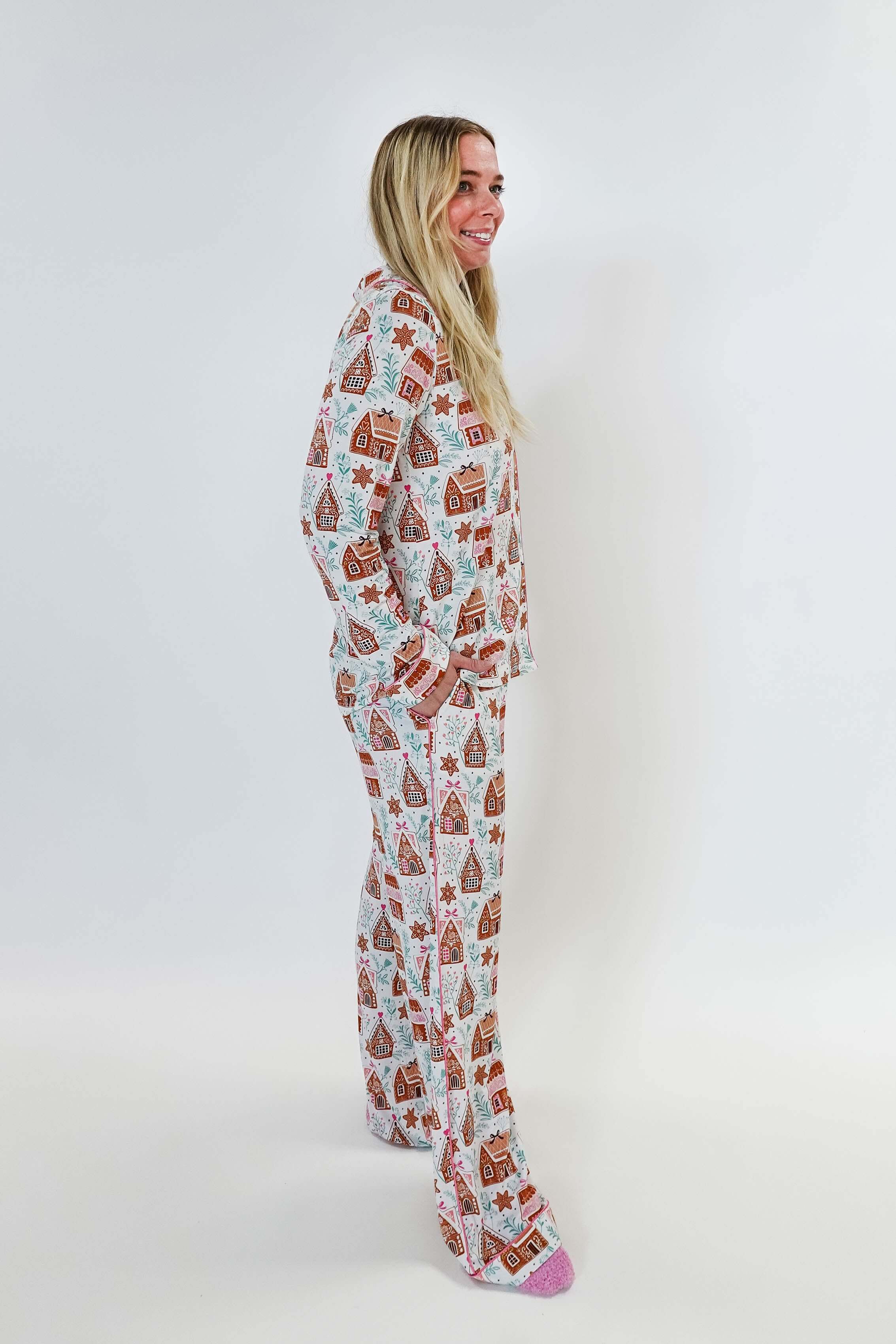 women's bamboo button up pj set in gingerbread house print georgia rylan