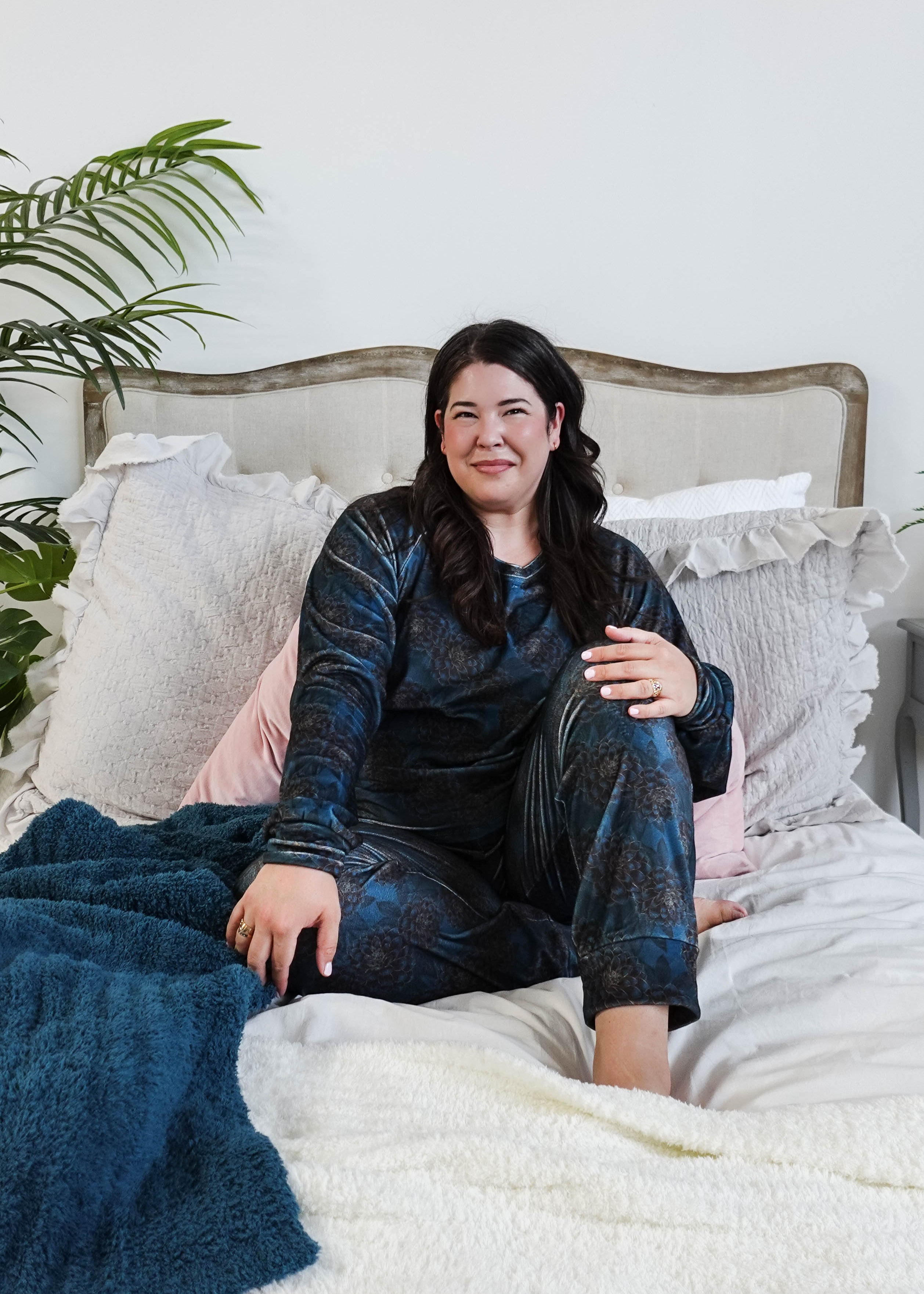 women's peacock blue with gold floral print velour loungewear set MIRANDA NIC