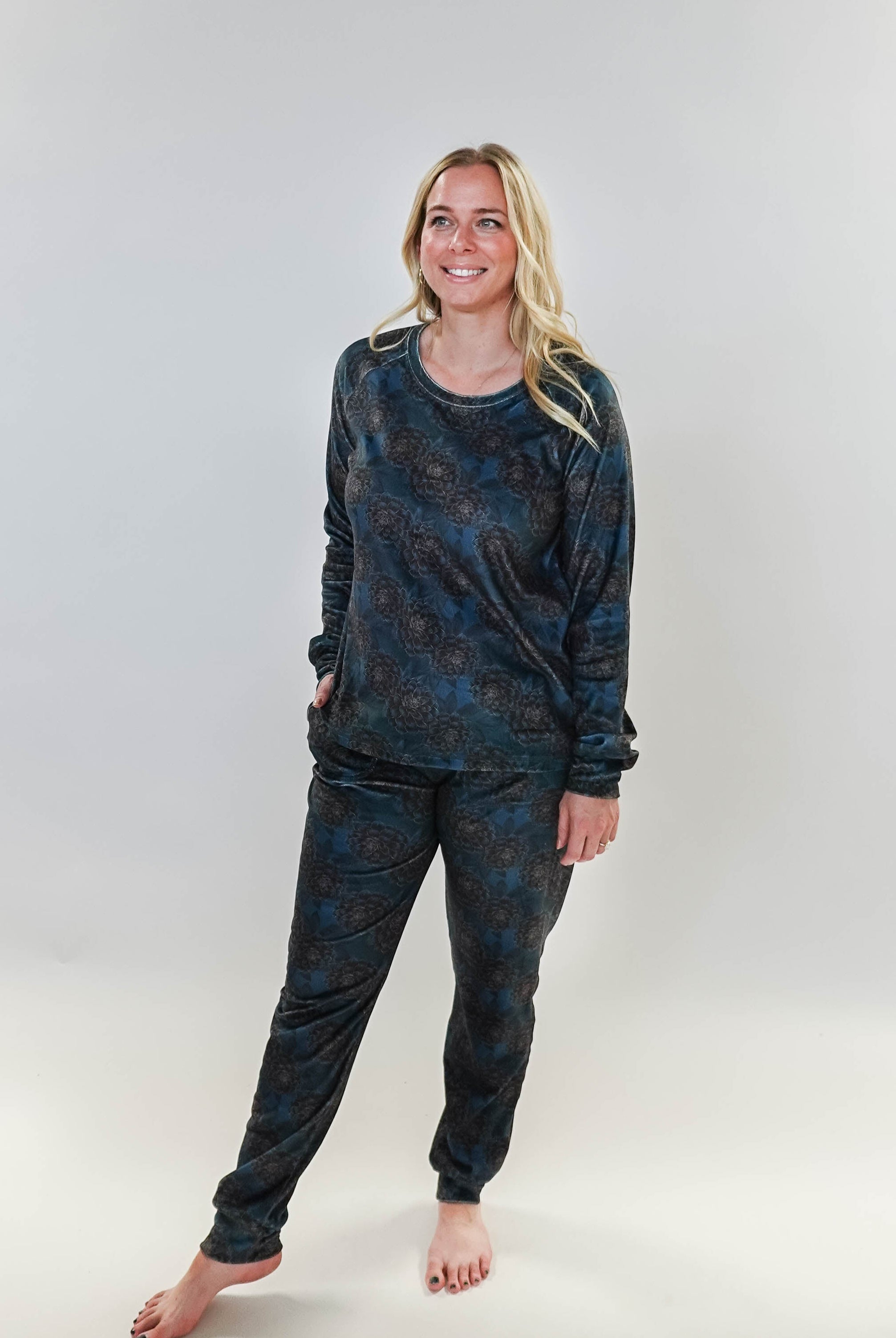 women's peacock blue with gold floral print velour loungewear set MIRANDA NIC