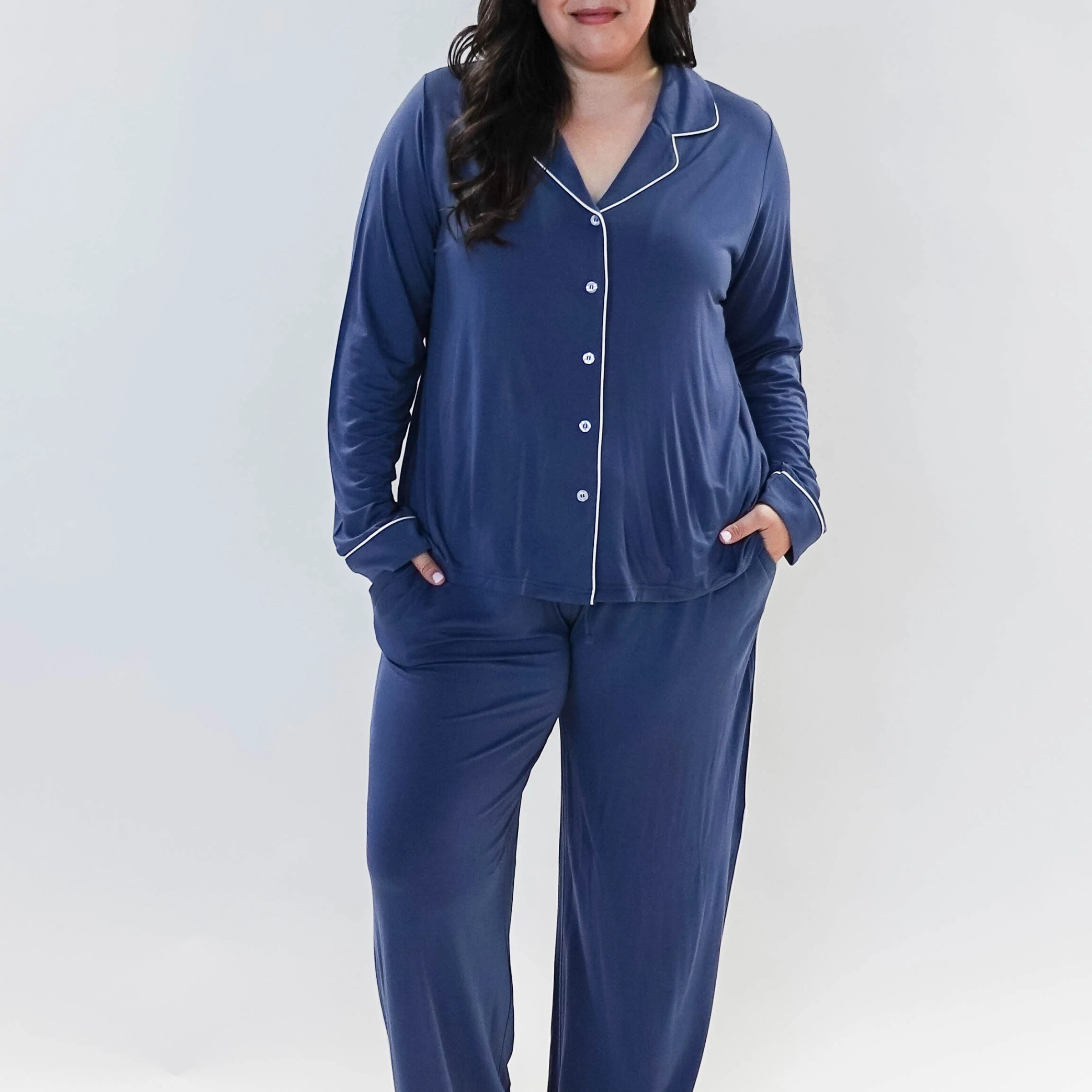 Denim Blue Long Sleeve Button Up Bamboo PJ Set - plus size model weaing 2XL, showing measurements of