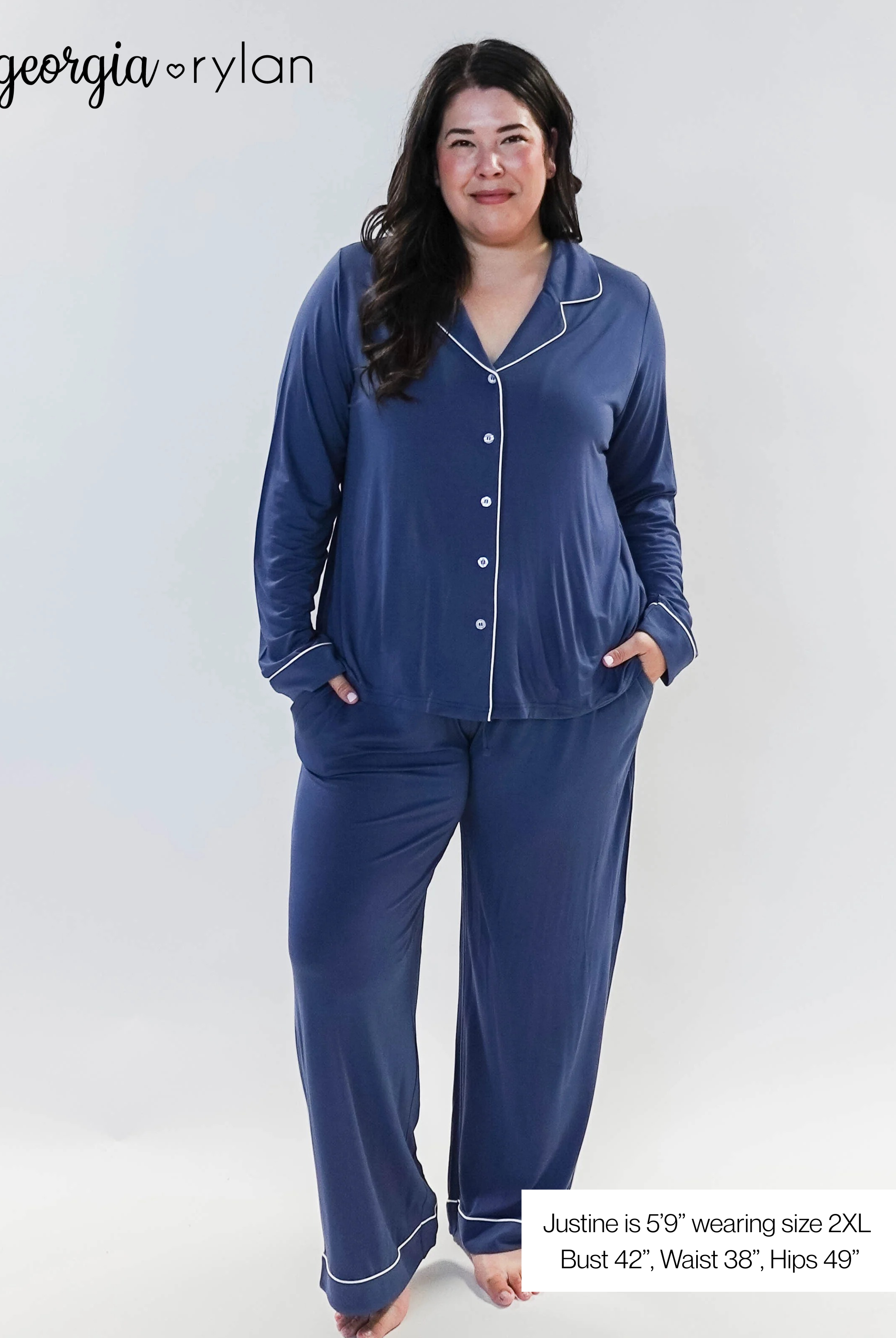Denim Blue Long Sleeve Button Up Bamboo PJ Set - plus size model weaing 2XL, showing measurements of