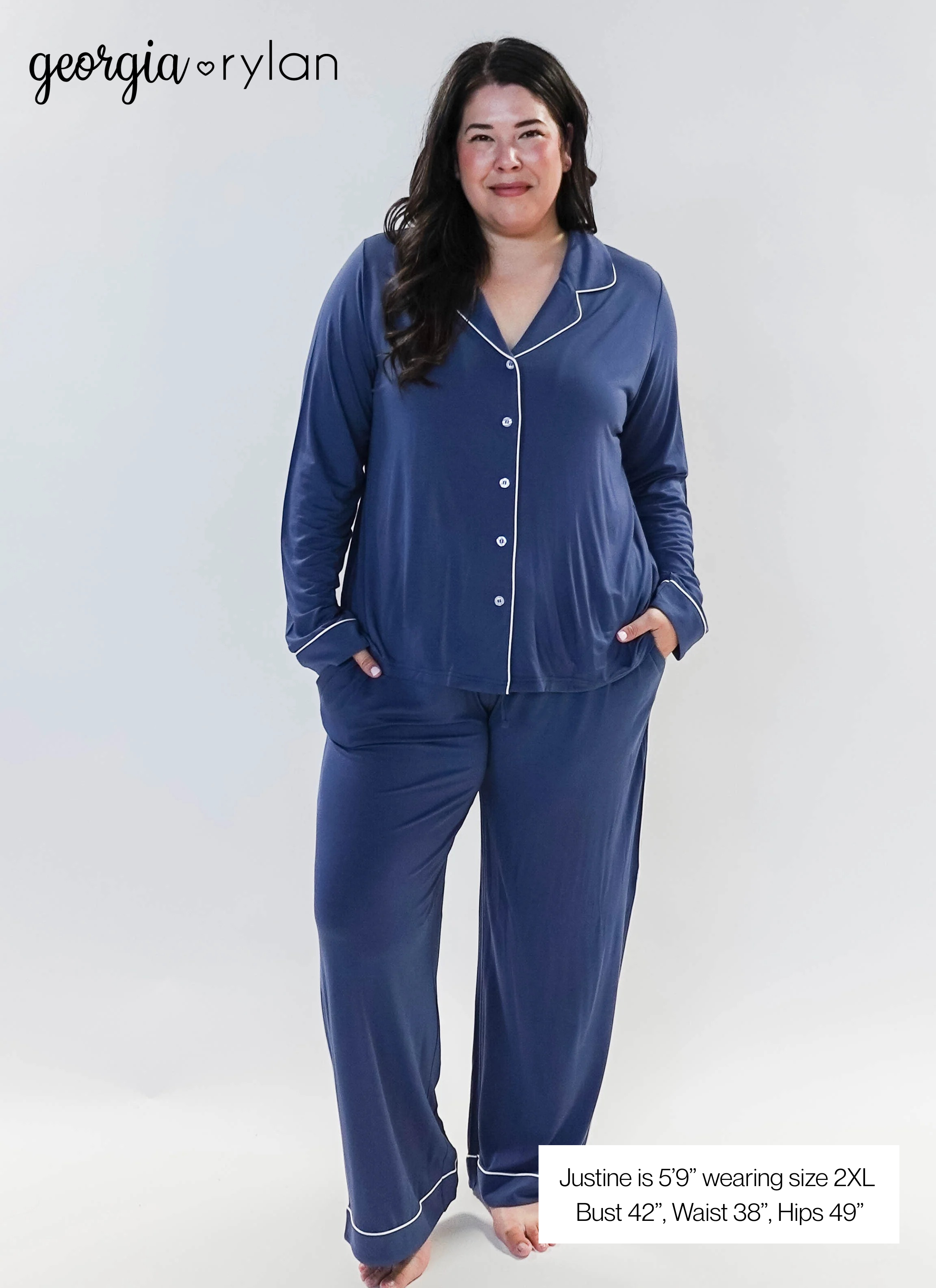 Denim Blue Long Sleeve Button Up Bamboo PJ Set - plus size model weaing 2XL, showing measurements of