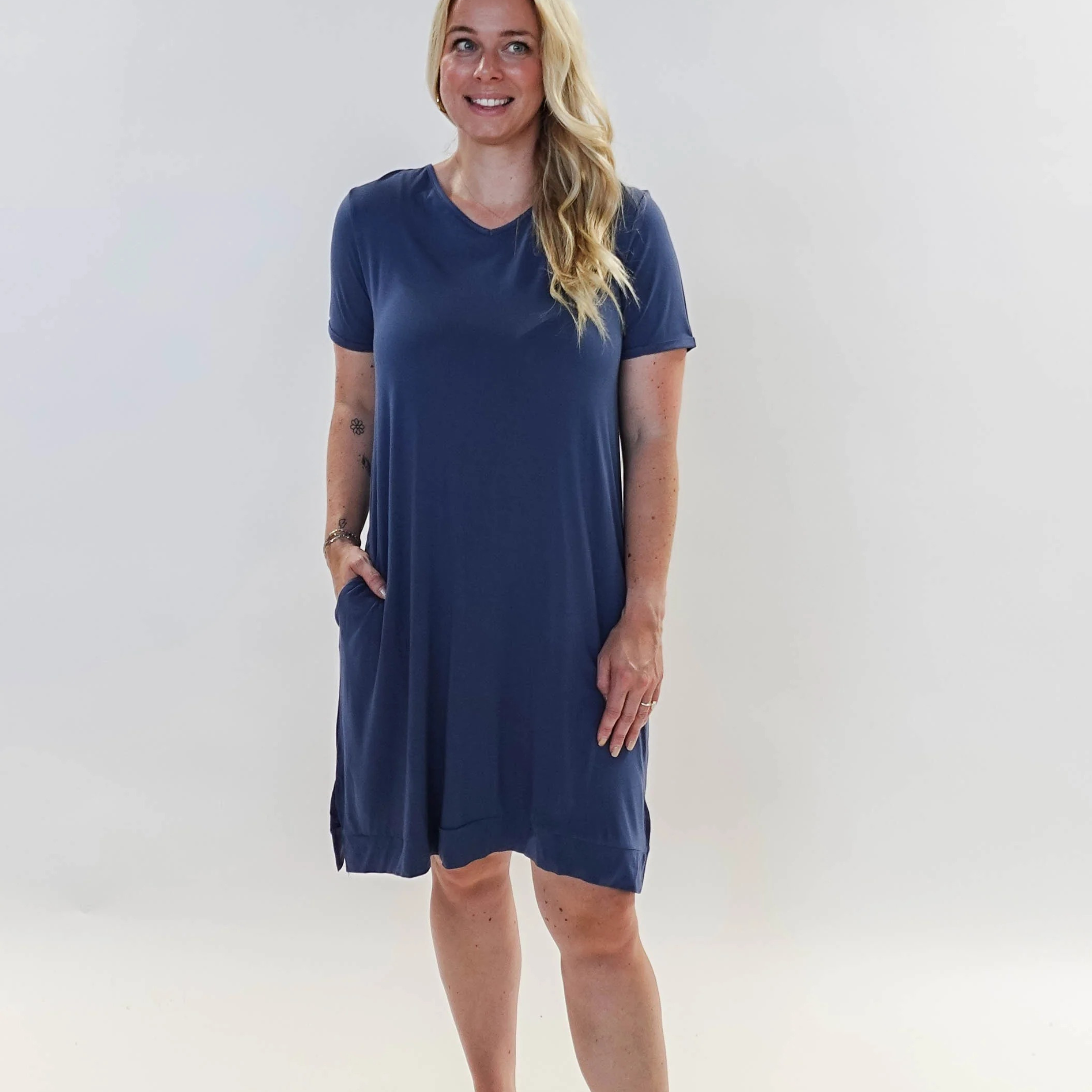 Denim Blue V Neck Bamboo Nightshirt worn by model Robyn, showcasing its comfortable fit and stylish design.
