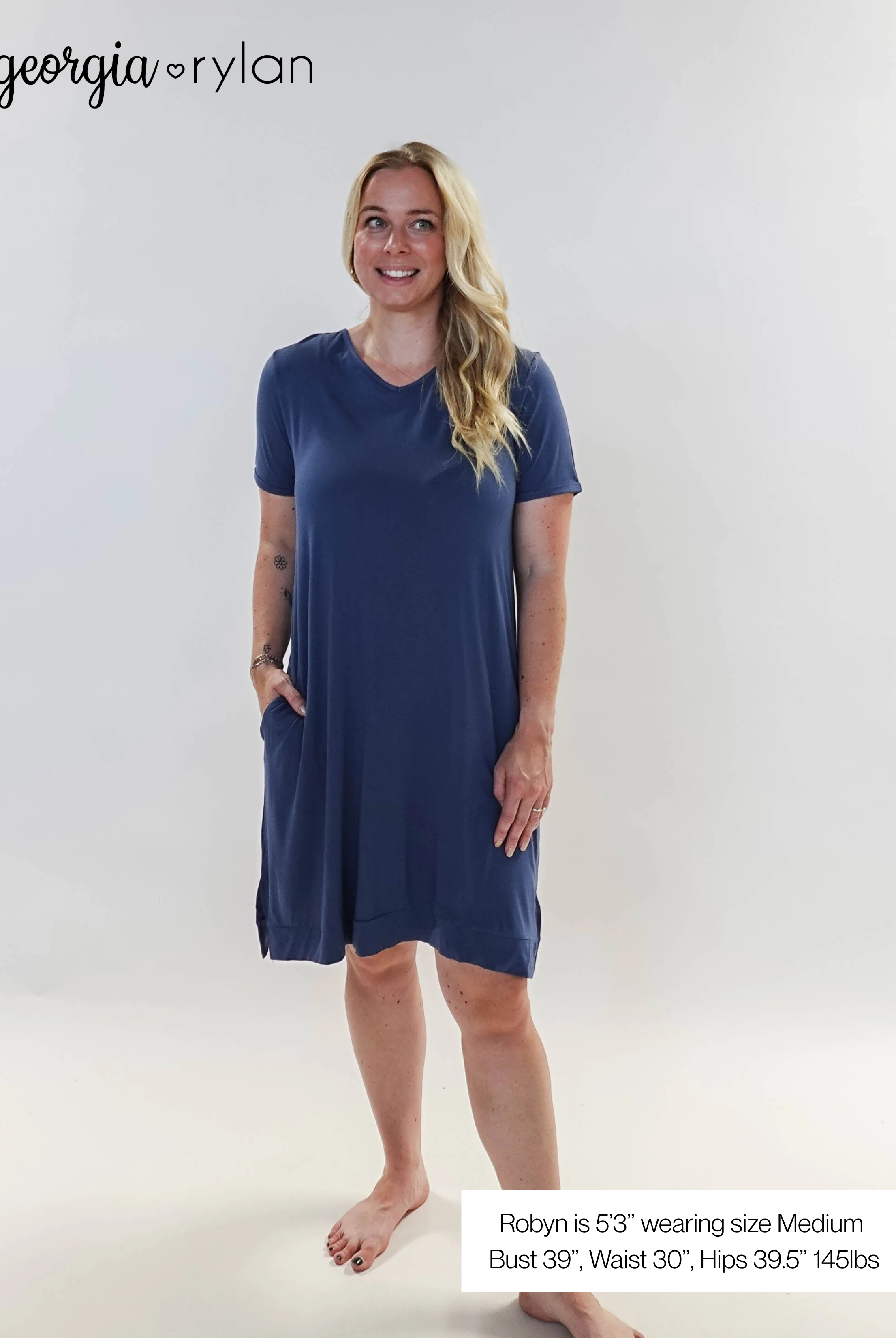 Denim Blue V Neck Bamboo Nightshirt worn by model Robyn, showcasing its comfortable fit and stylish design.