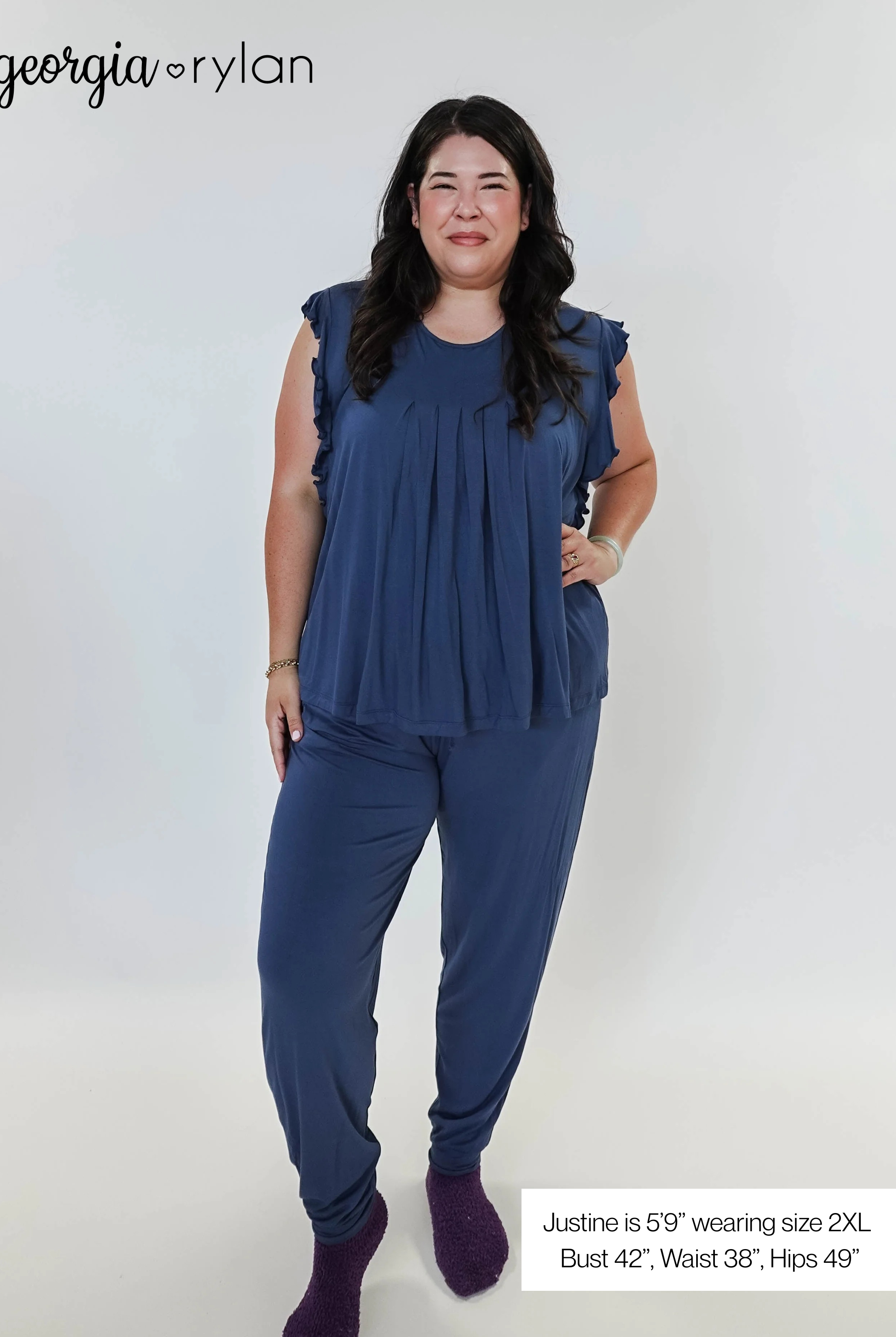 Denim Flutter Jogger Lounge PJ Set Bamboo showing model sizing