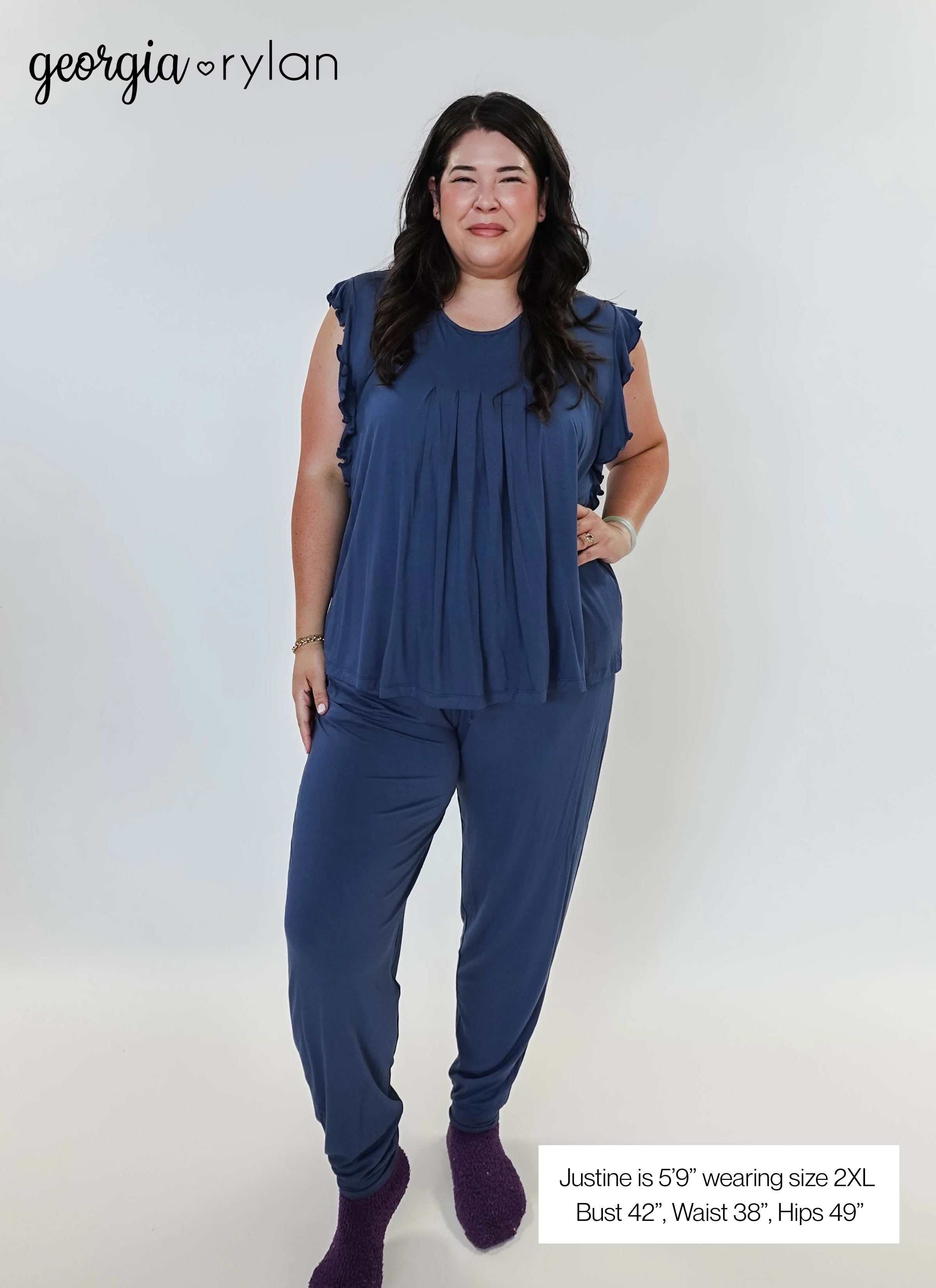 Denim Flutter Jogger Lounge PJ Set Bamboo showing model sizing