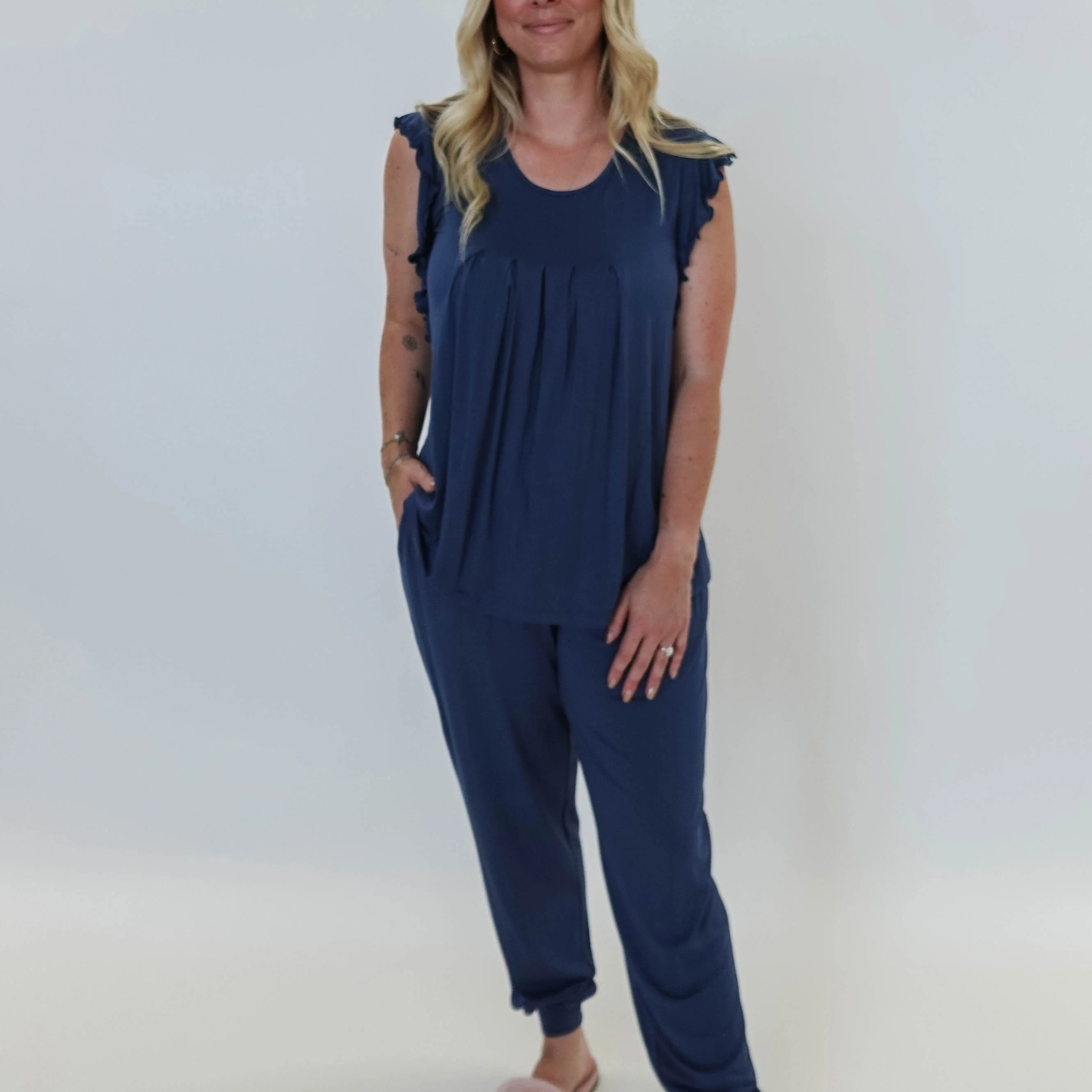 Denim Flutter Jogger Lounge PJ Set Bamboo showing model sizing and measurments