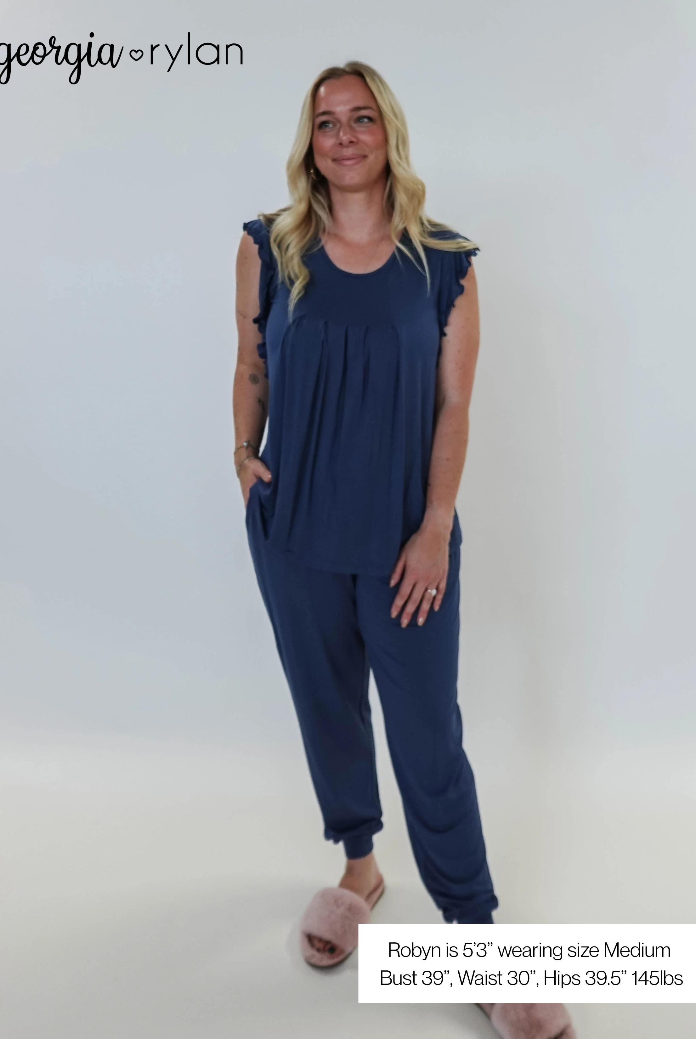 Denim Flutter Jogger Lounge PJ Set Bamboo showing model sizing and measurments