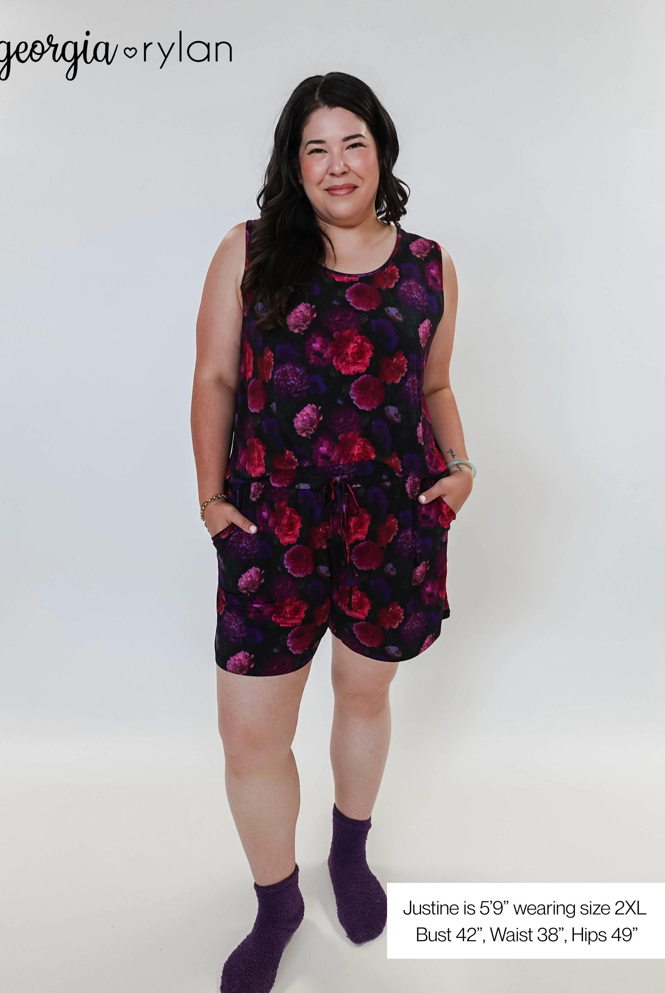 Winter Blossom Print Tank & Short PJ Set Bamboo full length showing plus size model and measurments