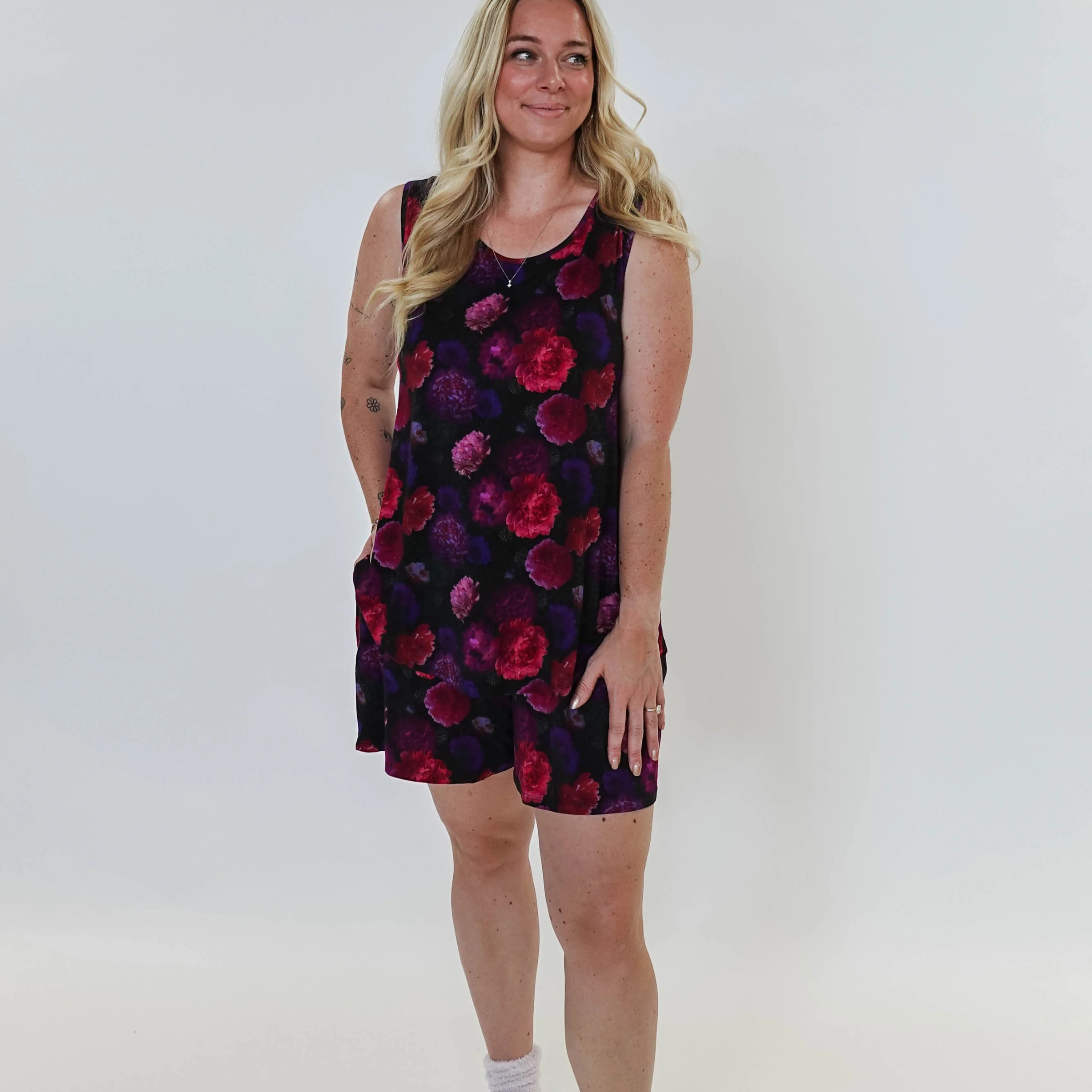 Winter Blossom Print Tank & Short PJ Set Bamboo showing size medium model and mesurements