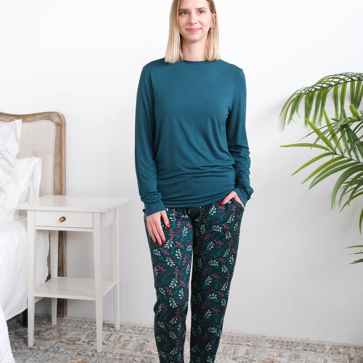 Georgia Rylan Teal Evergreen Dreams Bamboo Jogger PJ Set lifestyle front view — Cloud Nine Pajamas Edmonton