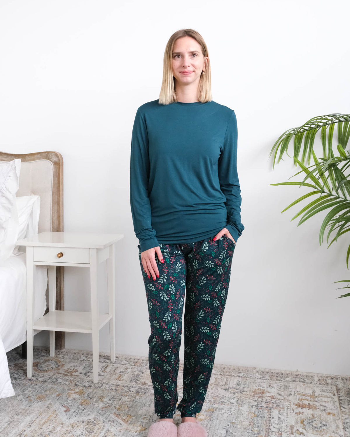 Georgia Rylan Teal Evergreen Dreams Bamboo Jogger PJ Set lifestyle front view — Cloud Nine Pajamas Edmonton