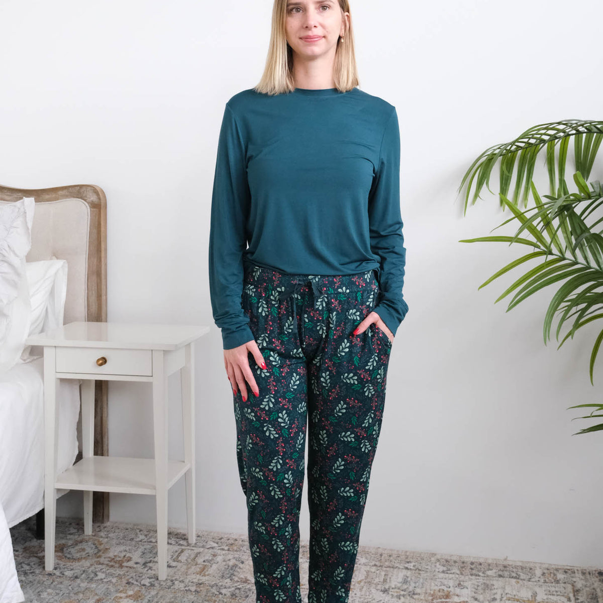 Georgia Rylan Teal Evergreen Dreams Bamboo PJ Set full length front view on model — Cloud Nine Pajamas Edmonton