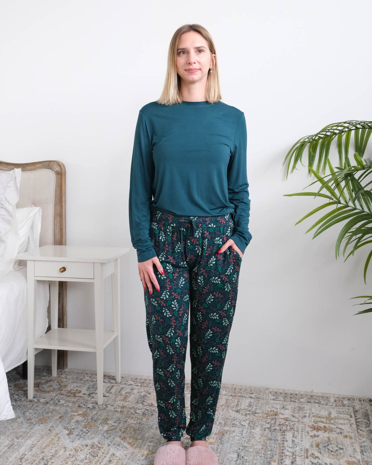 Georgia Rylan Teal Evergreen Dreams Bamboo PJ Set full length front view on model — Cloud Nine Pajamas Edmonton