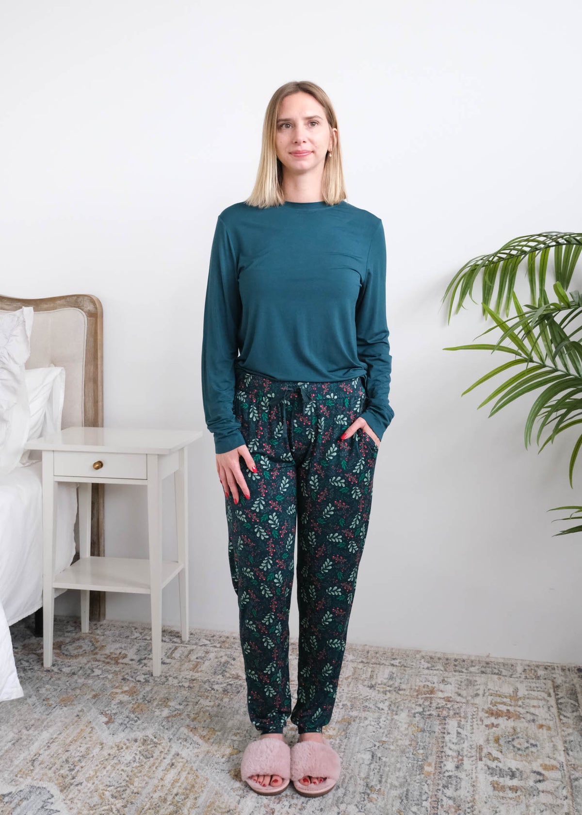 Georgia Rylan Teal Evergreen Dreams Bamboo PJ Set full length front view on model — Cloud Nine Pajamas Edmonton