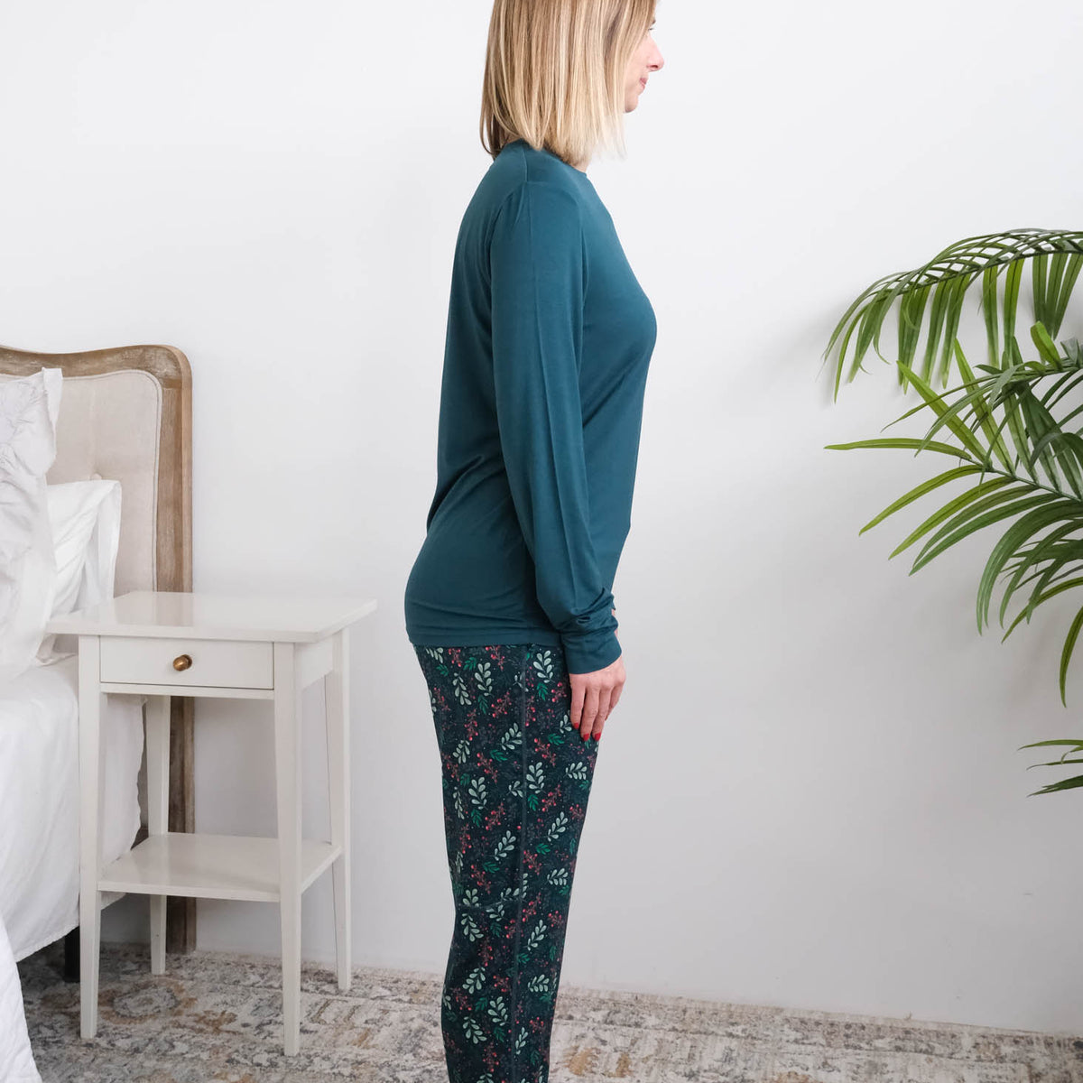 Georgia Rylan Teal Evergreen Dreams Bamboo PJ Set side view cuffed ankle jogger — Cloud Nine Pajamas Edmonton