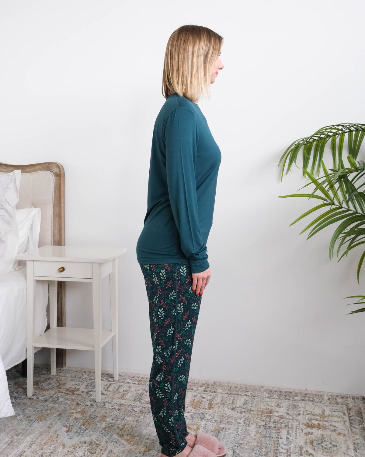 Georgia Rylan Teal Evergreen Dreams Bamboo PJ Set side view cuffed ankle jogger — Cloud Nine Pajamas Edmonton