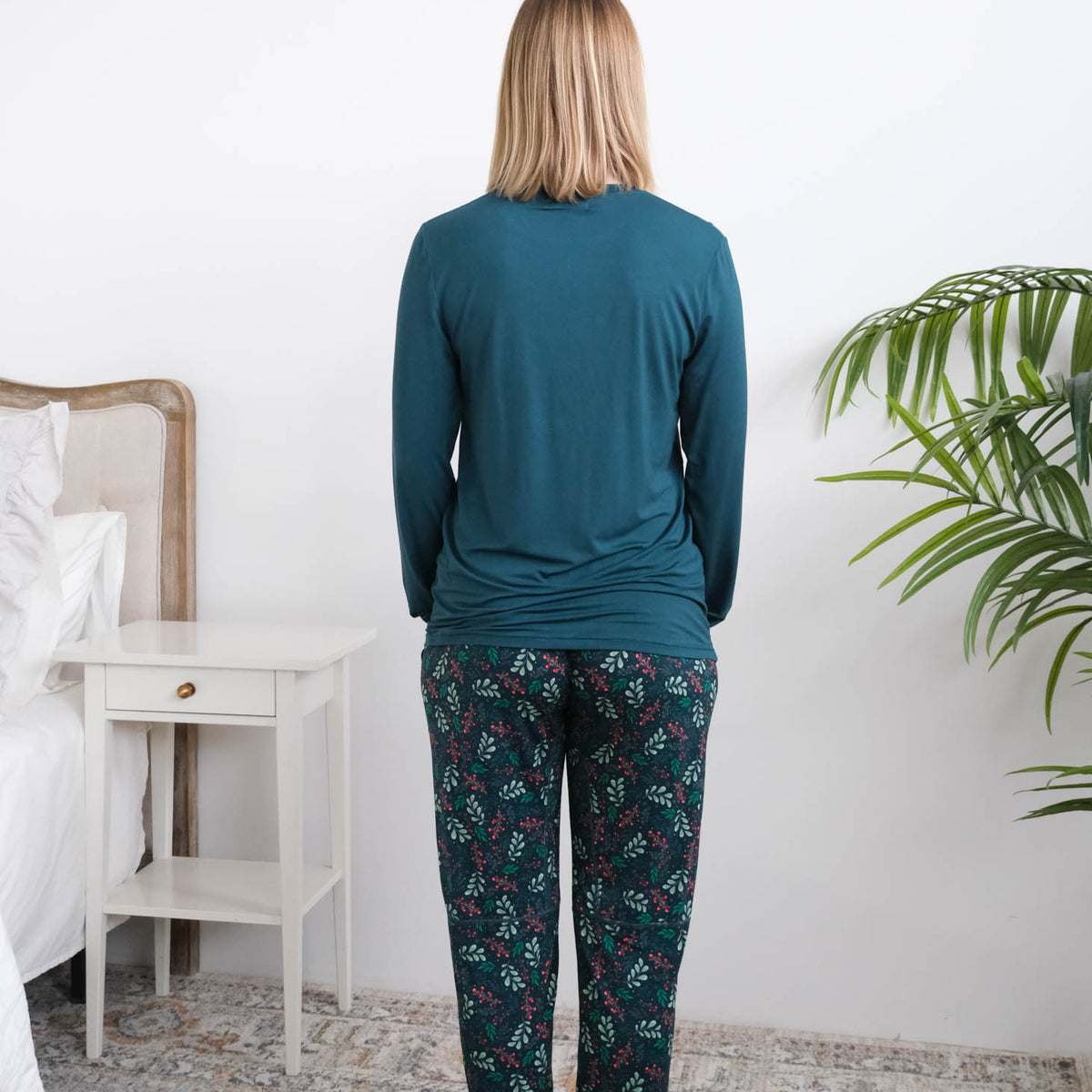 Georgia Rylan Teal Evergreen Dreams Bamboo PJ Set full length back view — Cloud Nine Pajamas Edmonton
