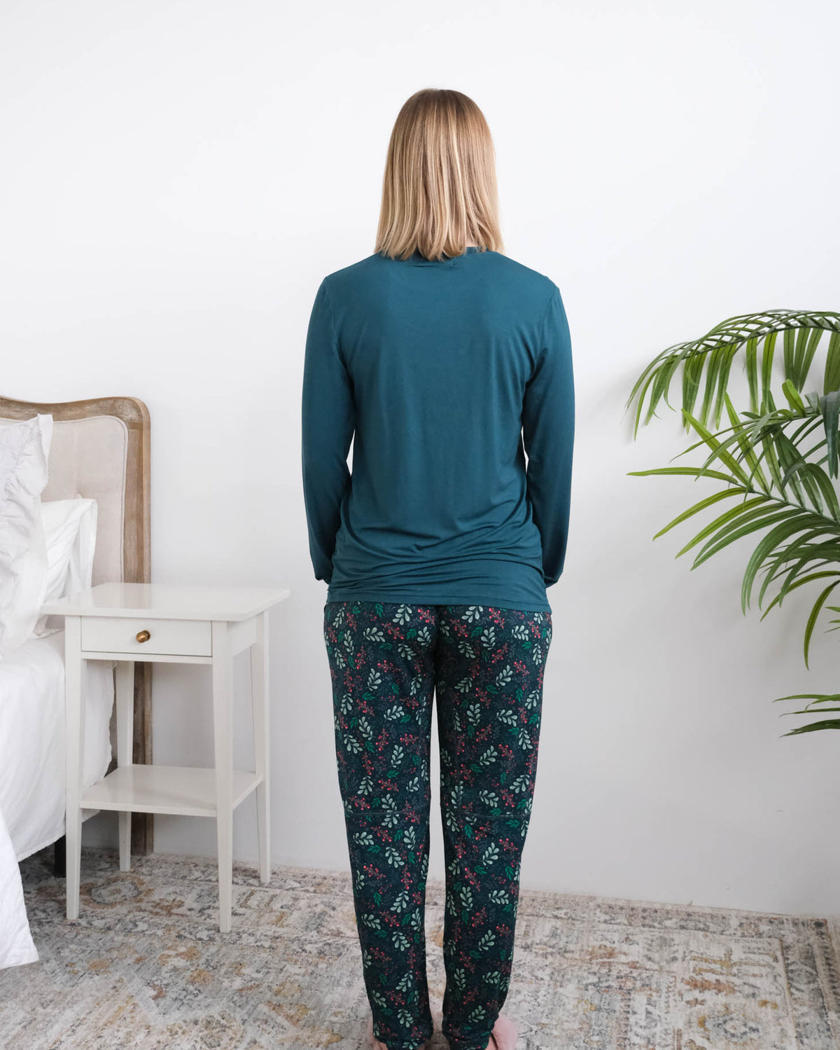 Georgia Rylan Teal Evergreen Dreams Bamboo PJ Set full length back view — Cloud Nine Pajamas Edmonton