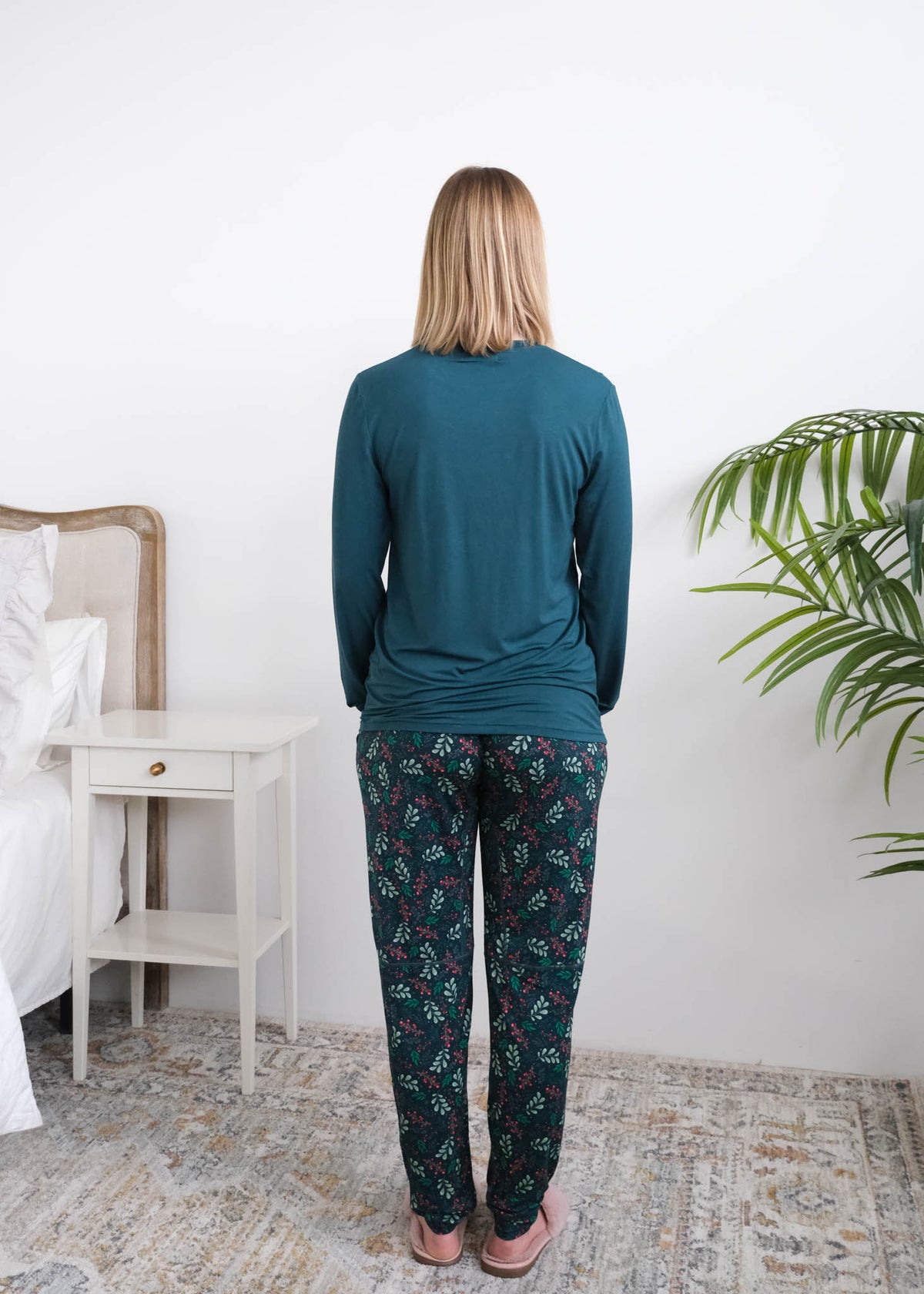 Georgia Rylan Teal Evergreen Dreams Bamboo PJ Set full length back view — Cloud Nine Pajamas Edmonton