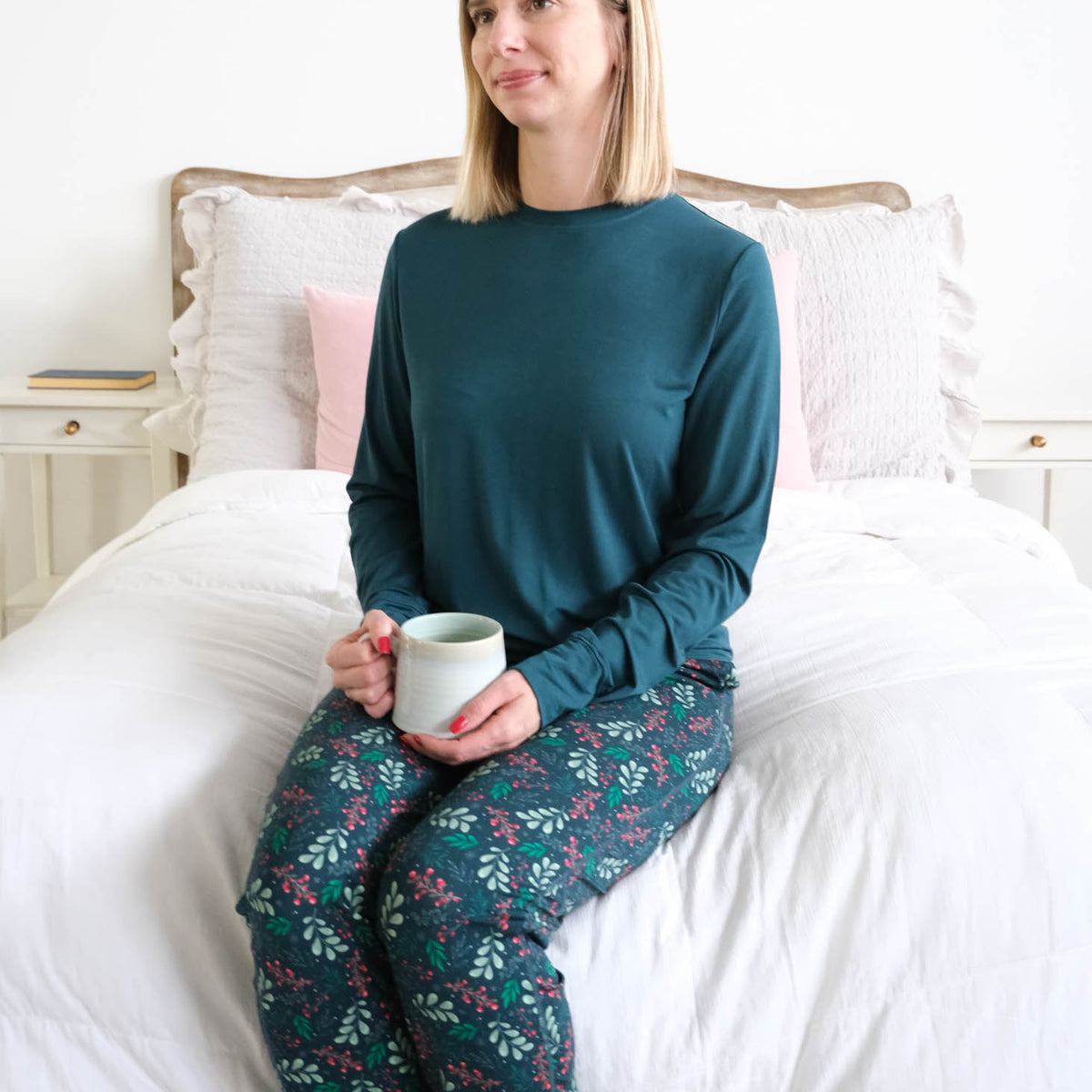 Georgia Rylan Teal Evergreen Dreams Bamboo Jogger PJ Set lifestyle seated front view — Cloud Nine Pajamas Edmonton