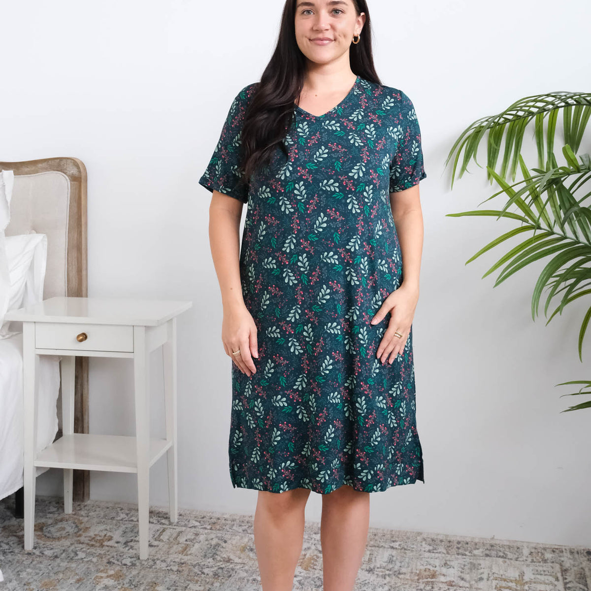 Georgia Rylan Evergreen Dreams Bamboo Nightshirt full length front view on model — Cloud Nine Pajamas Edmonton