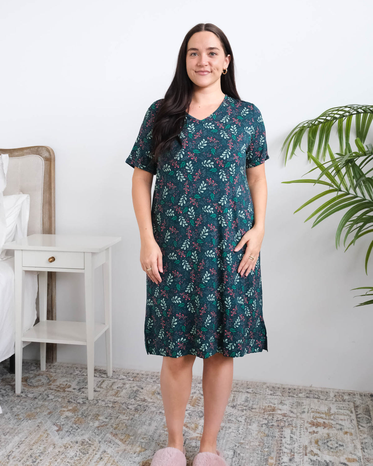 Georgia Rylan Evergreen Dreams Bamboo Nightshirt full length front view on model — Cloud Nine Pajamas Edmonton