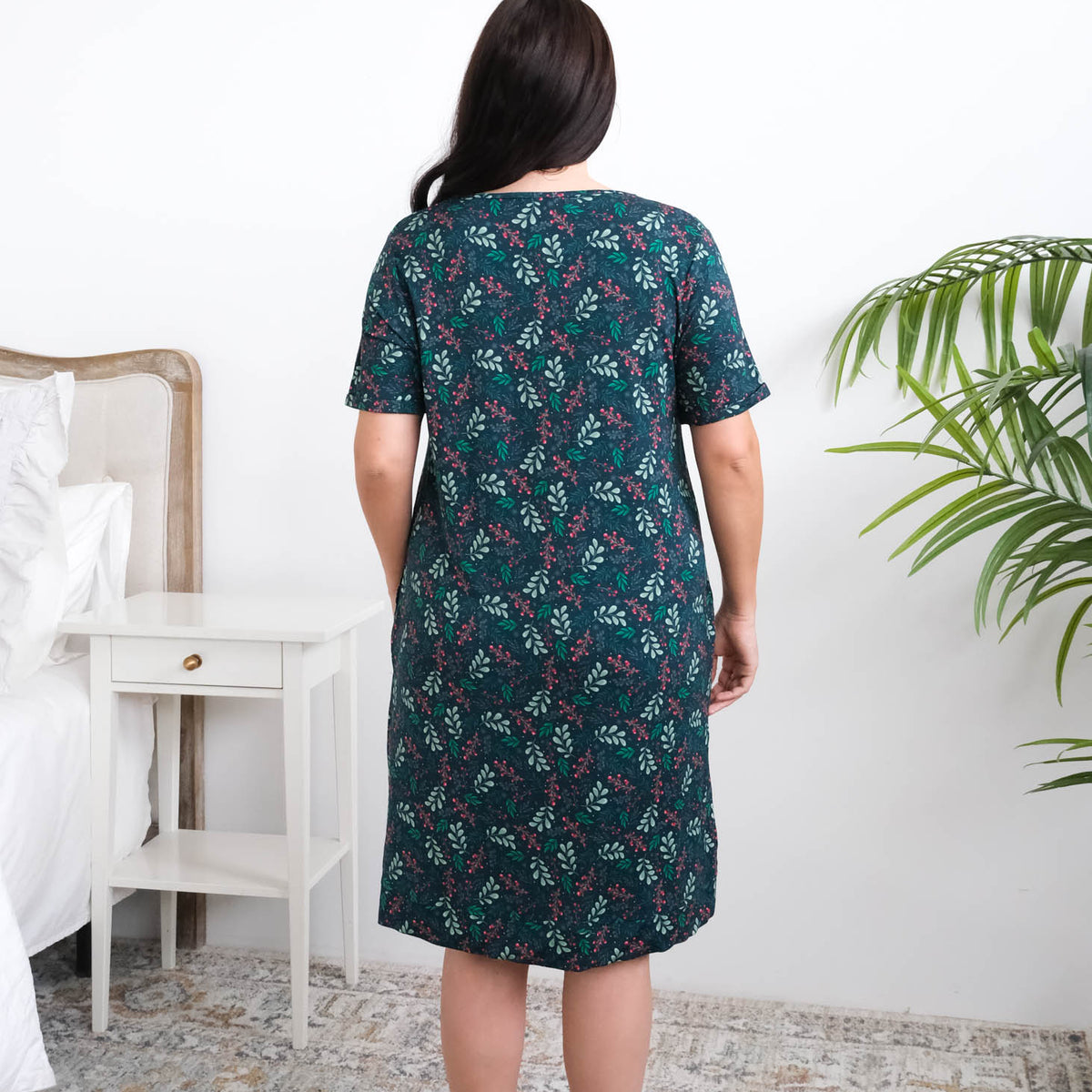 Georgia Rylan Evergreen Dreams Bamboo Nightshirt model back view — Cloud Nine Pajamas Edmonton