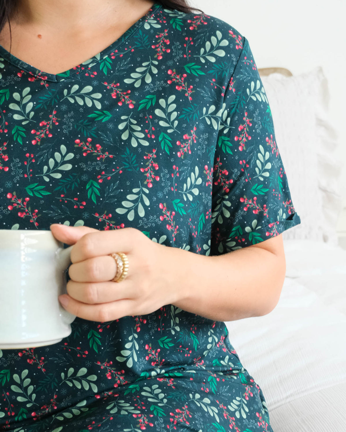 Georgia Rylan Evergreen Dreams V-Neck Bamboo Nightshirt lifestyle front view close up of green mistletoe holiday print — Cloud Nine Pajamas Edmonton